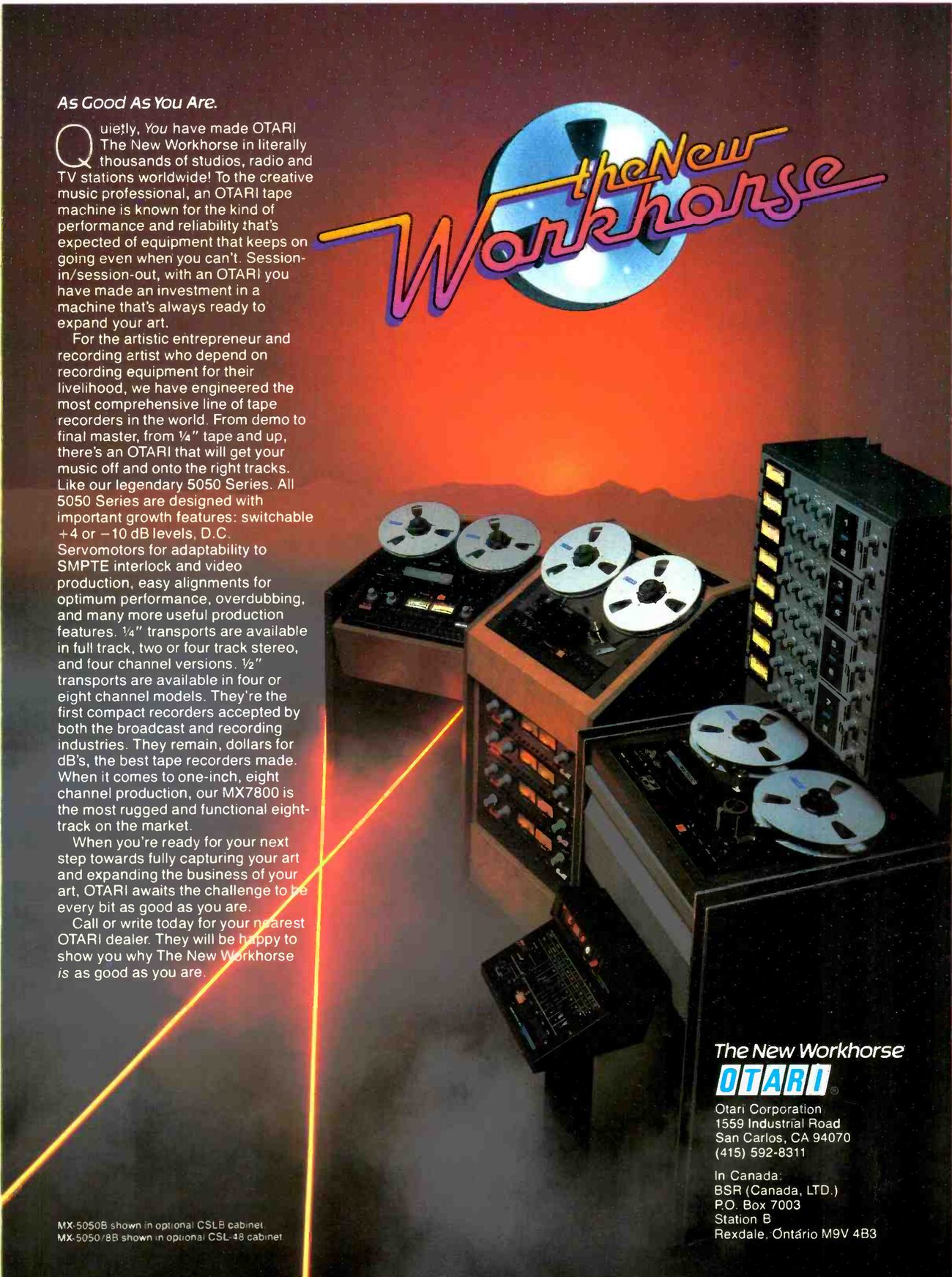 The full ad: the copy in white down the left side, a chrome reel behind the script words the New Workhorse at top right, and below it three Otari recorders in consoles rising out of mist on a red ground crossed by laser beams, with the OTARI logo and address at lower right.