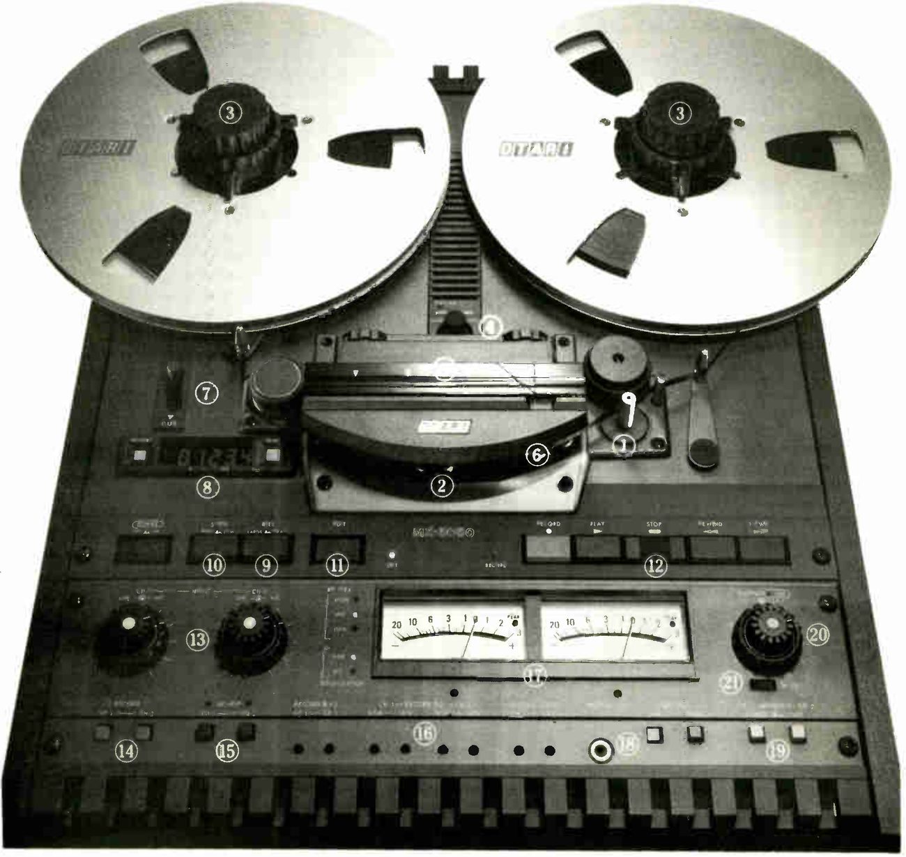 The 5050B-II photographed from above: two ten-inch reels with OTARI on the flanges, the head assembly under its hinged cover, the tape counter to the left of the heads, a row of transport pushbuttons, two VU meters between the input and output level knobs, and a row of switches along the bottom; circled numbers 1 to 21 are printed over the controls.