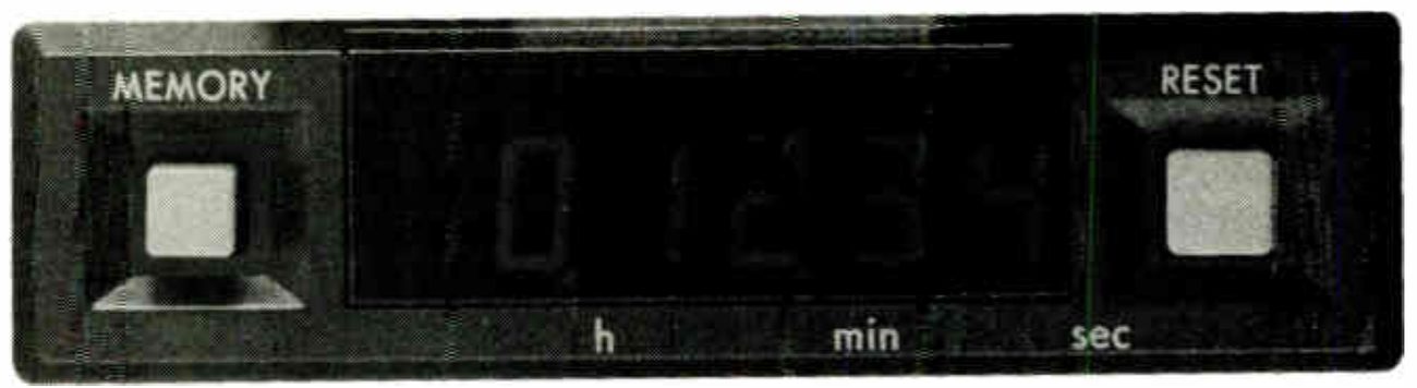 The tape counter panel close up: a MEMORY button on the left, a RESET button on the right, and a dark L.E.D. window between them with digits and the labels h, min and sec beneath.