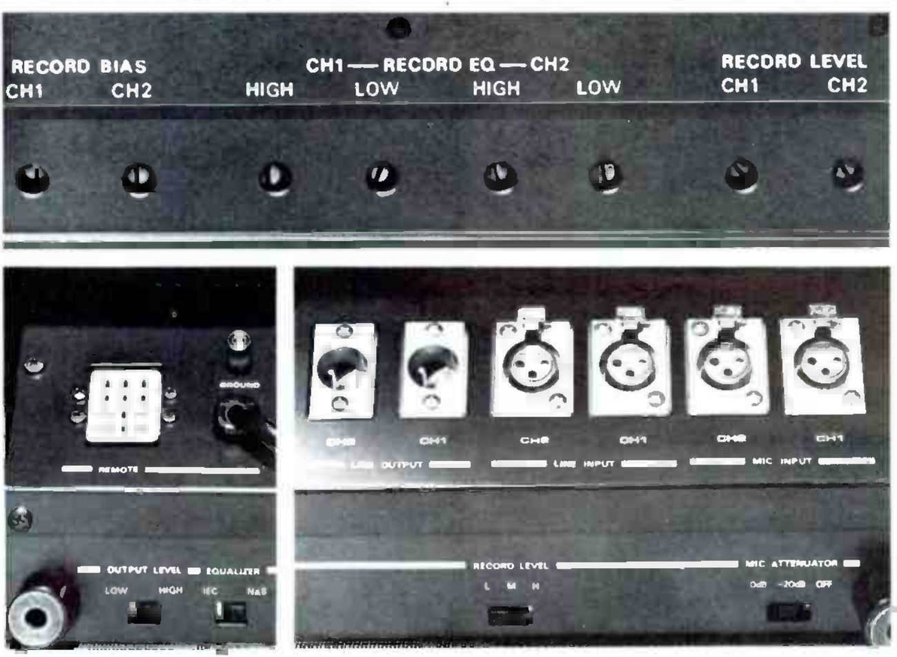 Close-ups of the machine's adjustment and connector panels: a row of screwdriver trimmers labelled RECORD BIAS CH1 CH2, CH1 — RECORD EQ — CH2 HIGH LOW HIGH LOW, and RECORD LEVEL CH1 CH2; the rear-panel REMOTE socket and GROUND terminal; XLR connectors for LINE OUTPUT, LINE INPUT and MIC INPUT on each channel; and slide switches for OUTPUT LEVEL (LOW, HIGH), EQUALIZER (IEC, NAB), RECORD LEVEL (L, M, H) and MIC ATTENUATOR (0dB, −20dB, OFF).