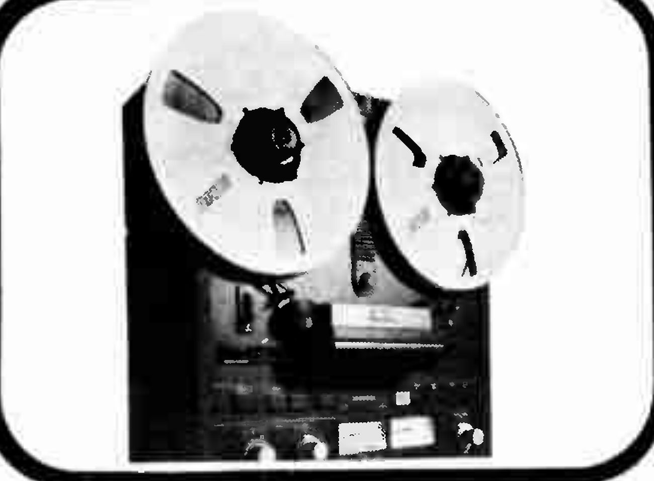 The MX-5050-B two-channel machine at a three-quarter angle in a high-contrast halftone: two large reels on the transport, the head block beneath them, and the meters and knobs of the electronics along the bottom of the faceplate.