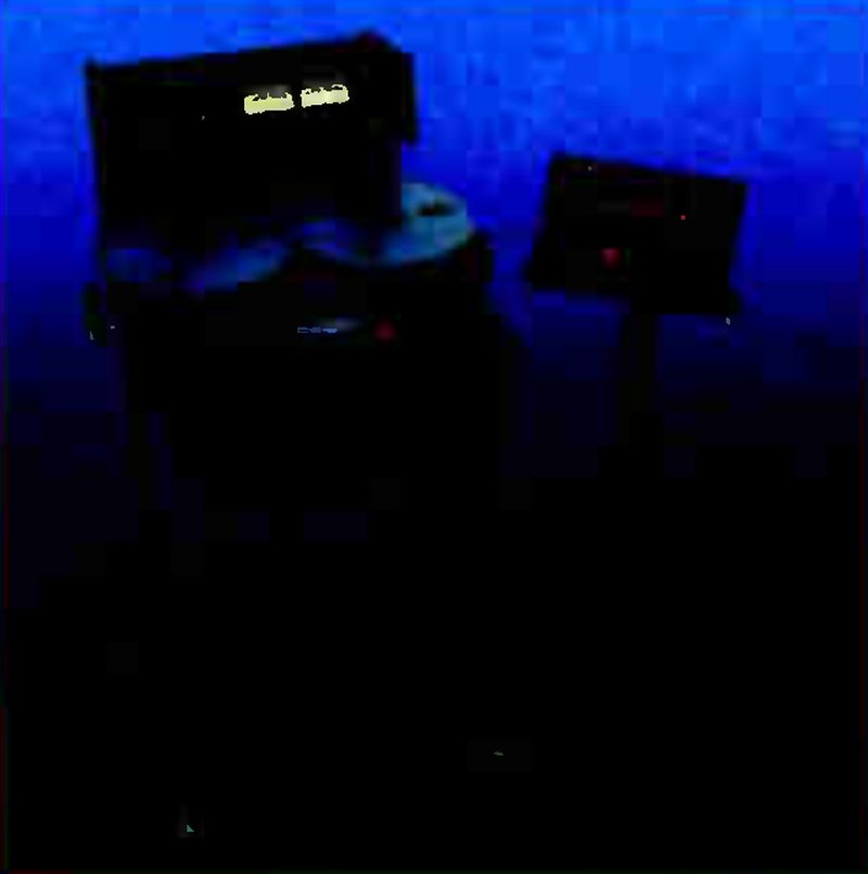 The MARK III/2 on its console stand against a blue ground, dimly lit: the meter bridge with two lit meters above the reels, and a separate remote control unit on a pedestal to the right.