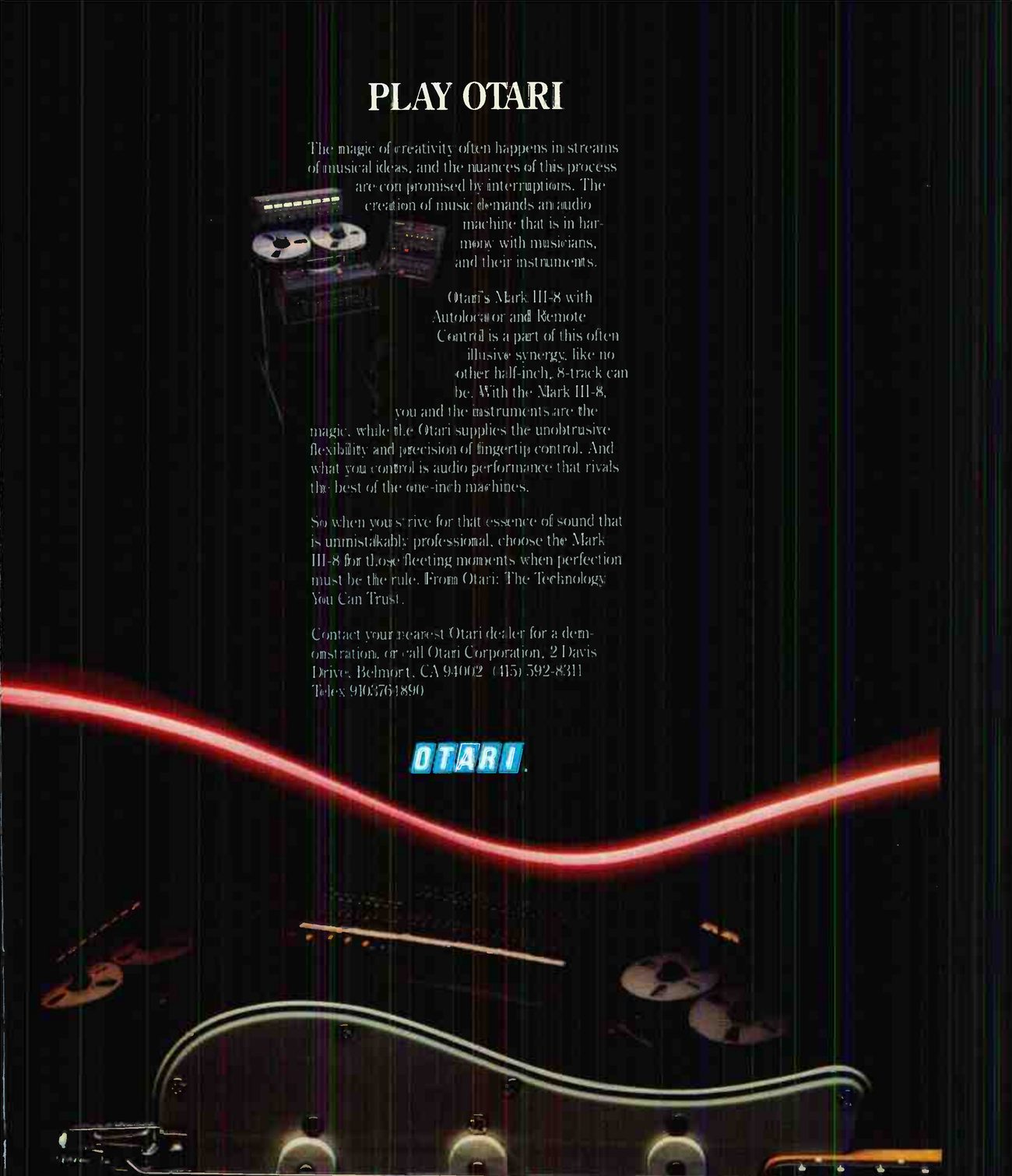 The whole advertisement: the PLAY OTARI headline and the body copy in pale type on black, a small photograph of the Mark III-8 on its floor stand at upper left with the eight-channel meter bridge lit above its reels and the autolocator and remote control unit beside it, the OTARI logo in blue, and below it the body of an electric guitar with a streak of red light running across the page and more tape reels in the dark behind.