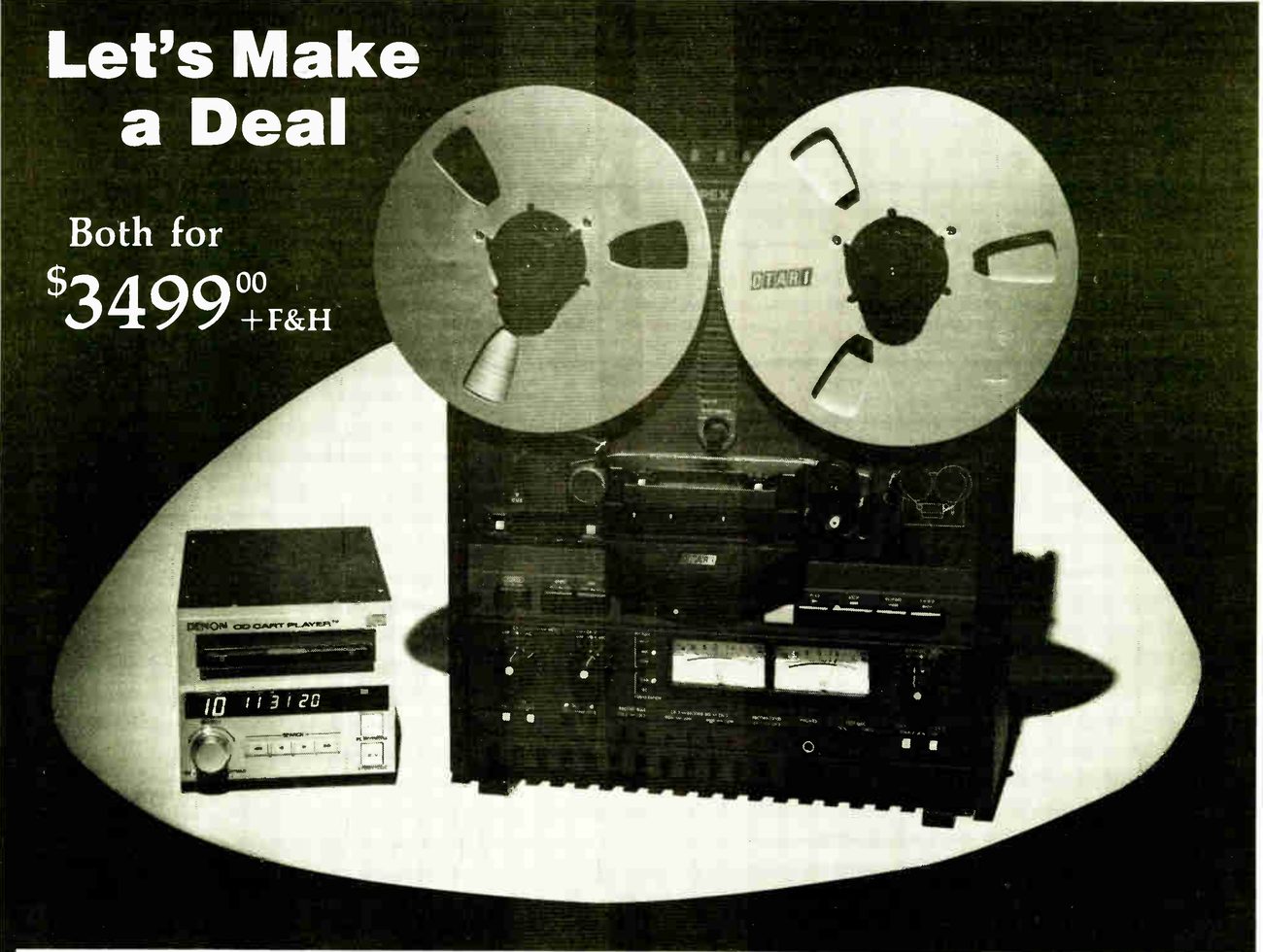 The 5050BII standing upright on a spotlit oval beside a small Denon CD cart player, with the headline Let's Make a Deal and the price set in white over the dark background at top left: two reels, one with OTARI on the flange, the head assembly and transport buttons, and two VU meters on the electronics panel.