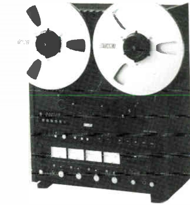 A four-channel machine of the MX-5050 series, keyed 4 in the ad, photographed upright from the front: two reels, the transport controls and a row of four VU meters on the electronics panel, with level knobs below.