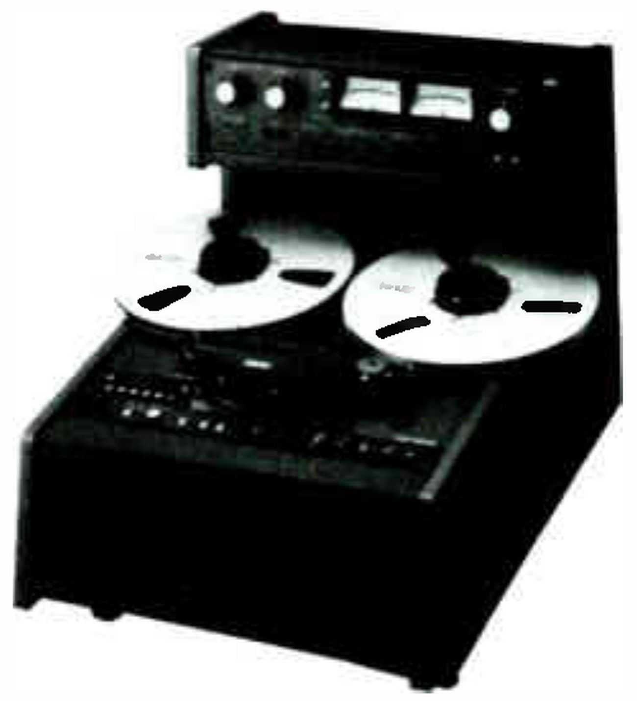 A console-mounted Otari recorder photographed at an angle: a meter bridge with two VU meters and level knobs above the transport, two reels, and the transport controls on the sloping deck of a table-top cabinet.