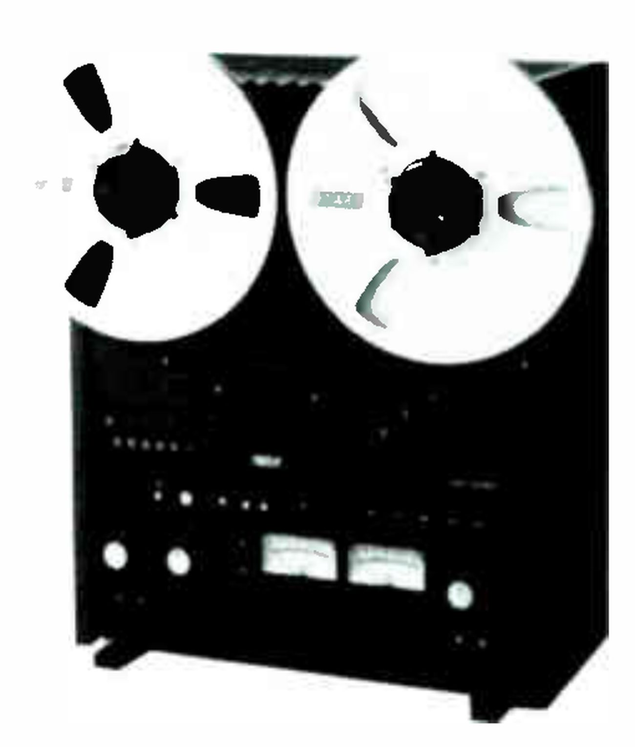 An upright Otari recorder photographed from the front: two reels on top, and below them the dark front panel with rows of small switches, two meters between level knobs, and the cabinet on its feet.