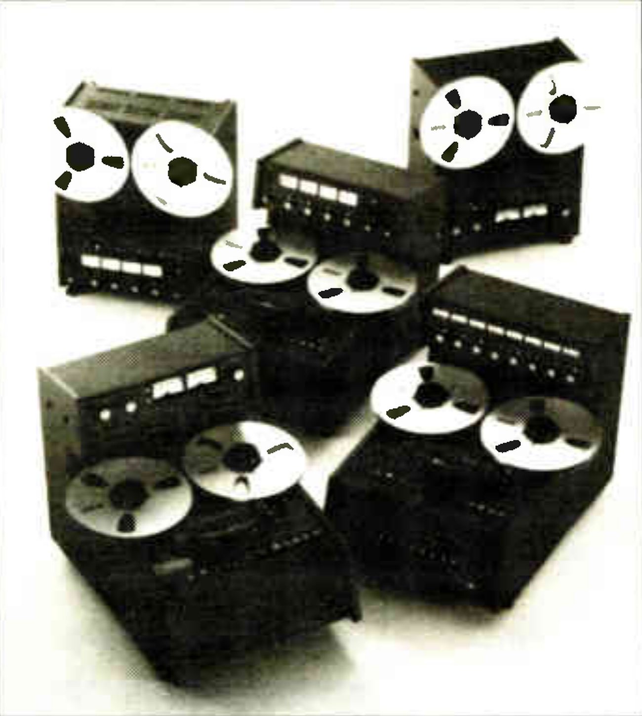 Five Otari machines grouped on a white ground: upright decks with their reels on top and console-mounted machines with sloping transports and meter bridges.