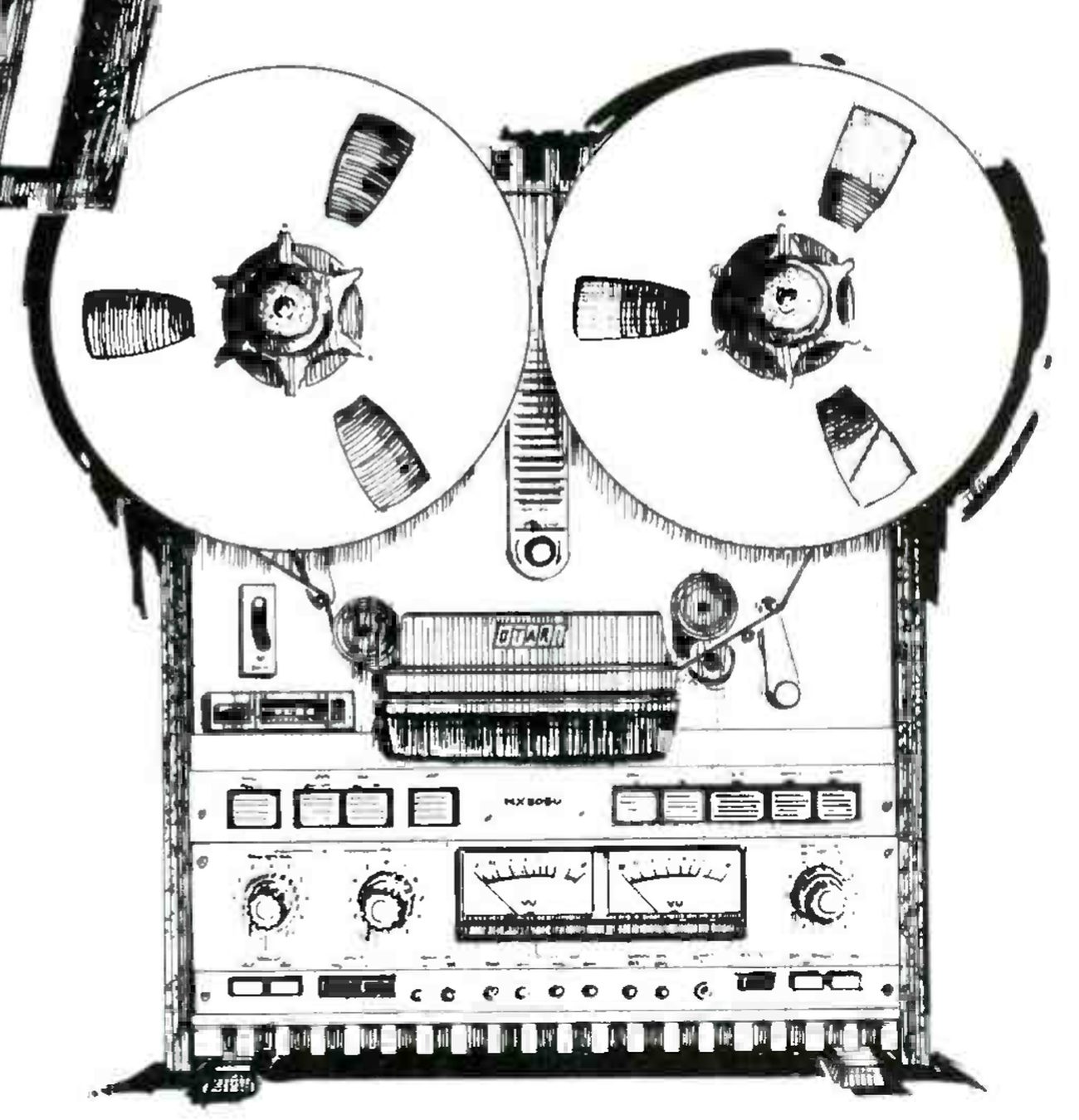 The MX-5050-B face-on in a high-contrast halftone: two large reels, the head cover with the OTARI badge, the row of transport buttons, two VU meters between level knobs, and the ribbed base; a fragment of the OTARI logo shows at top left.