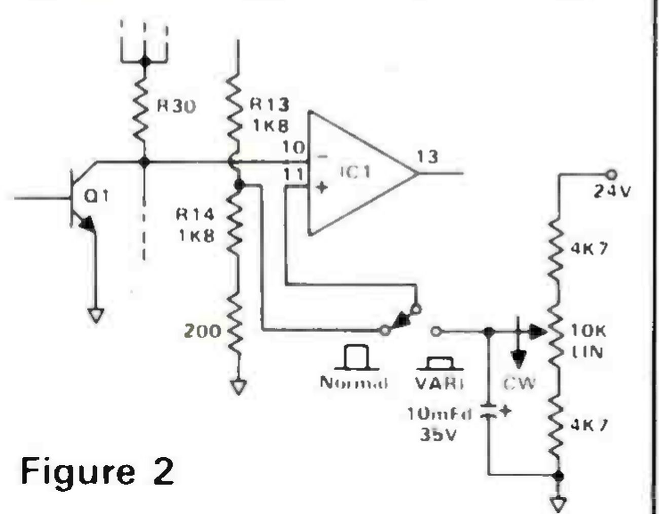 Figure 2, the author's varispeed circuit: Q1 and R30 feed pin 10 of IC1 as before, and pin 11 is now routed out to a Normal/VARI changeover switch; in Normal it returns to the junction of R13 1K8 and R14 1K8, with the fixed 200-ohm resistor below R14 to ground, and in VARI it takes the wiper of a 10K linear pot, marked CW, set between two 4K7 resistors from 24V to ground, with a 10mFd 35V capacitor from the wiper to ground.