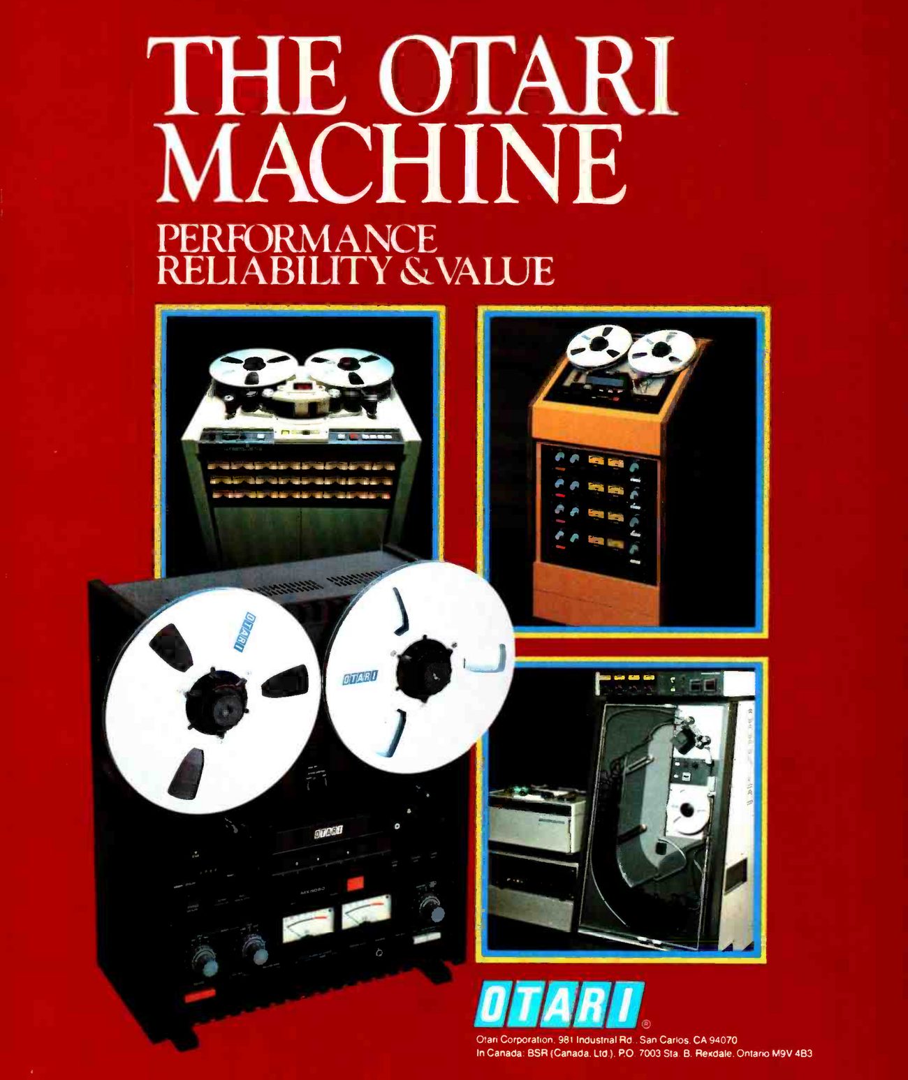 The first page of the spread: the headline in white serif capitals on a red ground above four photographs — a multitrack recorder in its console, a machine in an orange console with four rows of meters, a tape duplicating system, and in front of them the MX-5050-B with two Otari reels, overlapping the frames — with the OTARI logo and address block at the foot.