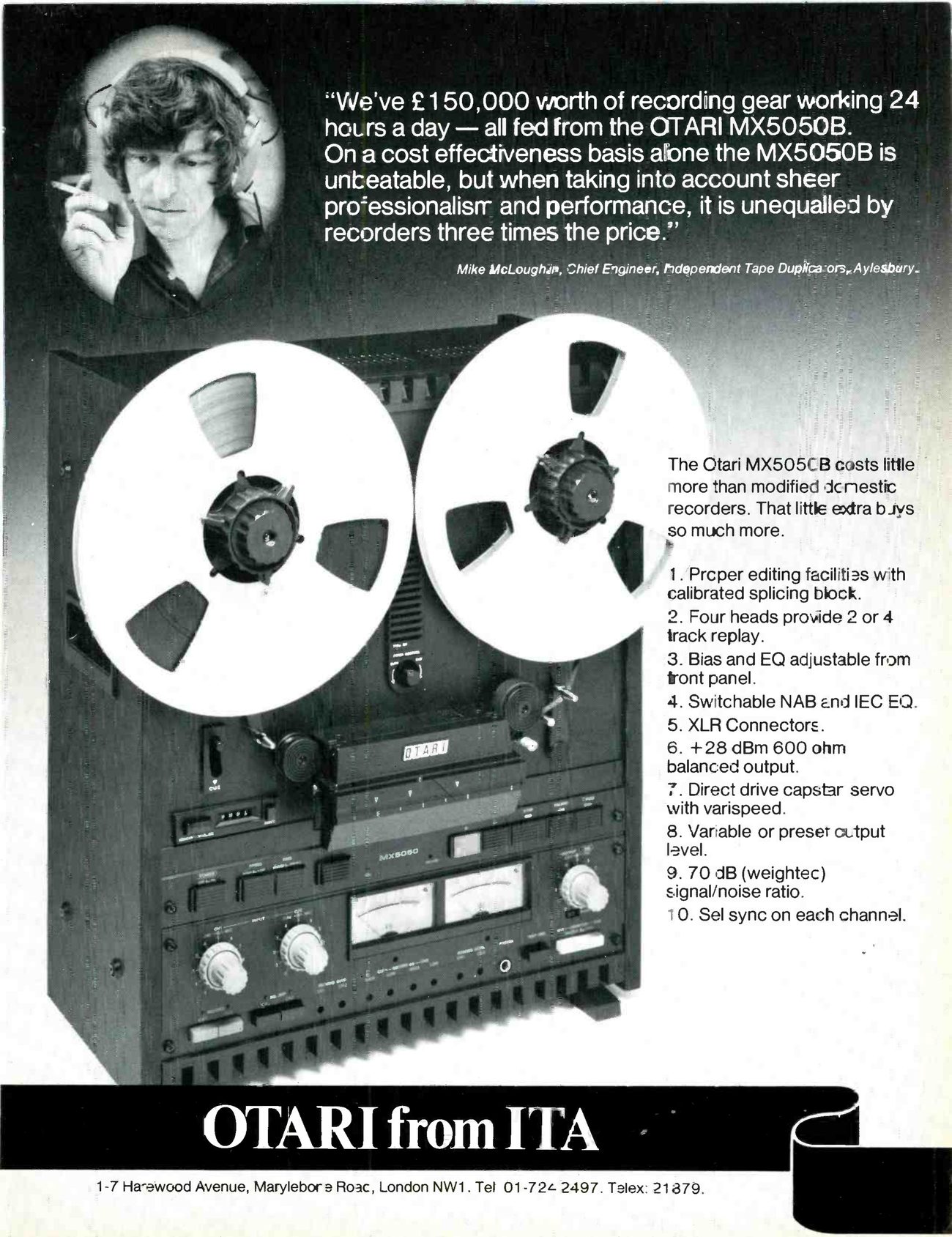 The full-page ad: a circular portrait of a man in headphones holding a cigarette at top left, the quotation in white beside it, the MX5050B filling the page below on a dark ground with the numbered feature list at its right, and the OTARI from ITA band across the foot above the address line.