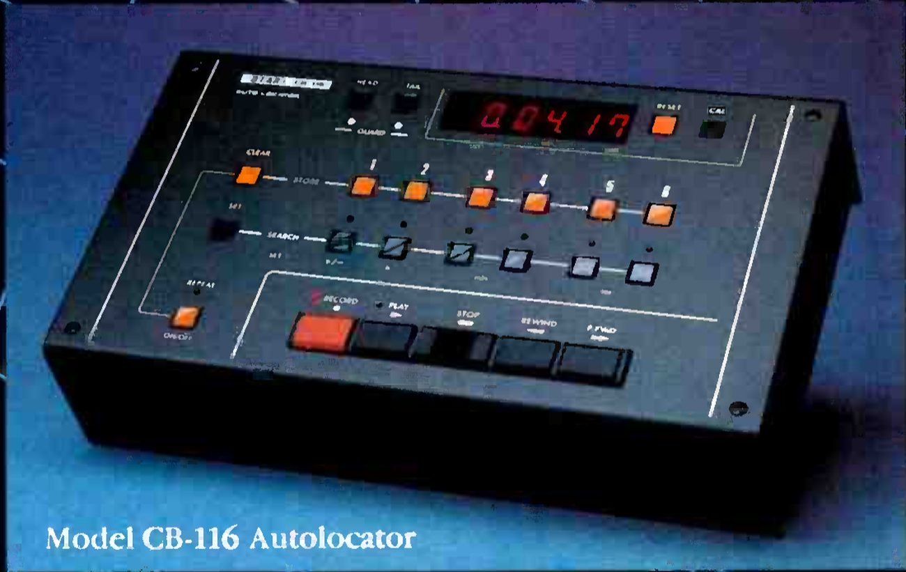 The Model CB-116 autolocator photographed against blue: a sloping black console with a red LED time display reading 0 04 17, a row of orange store buttons and a row of search buttons for six locations, and the record, play, stop, rewind and fast-forward keys along the front.