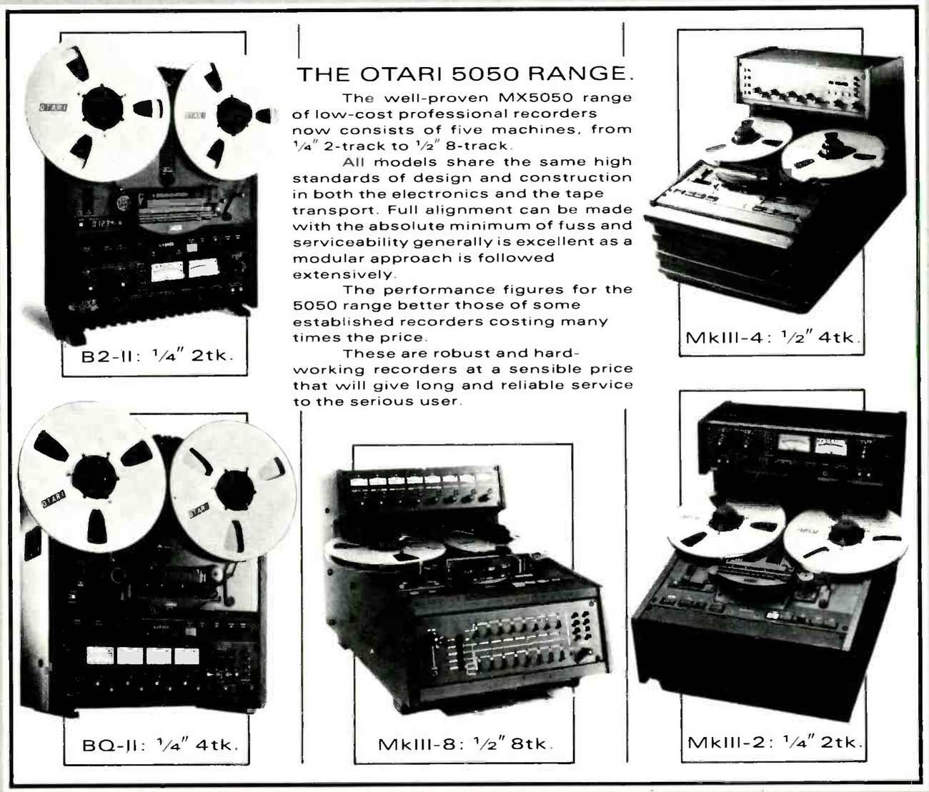 Five MX-5050 machines photographed separately and boxed around a central block of copy: at top left a two-track on its stand-up transport with two VU meters; at bottom left a four-track of the same shape with four meters; at bottom centre an eight-track console with a meter bridge; at top right a four-track in a console with a raised meter bridge; and at bottom right a two-track console with the electronics in a raised housing behind the transport. Each photograph carries a label giving the model, tape width and track count.