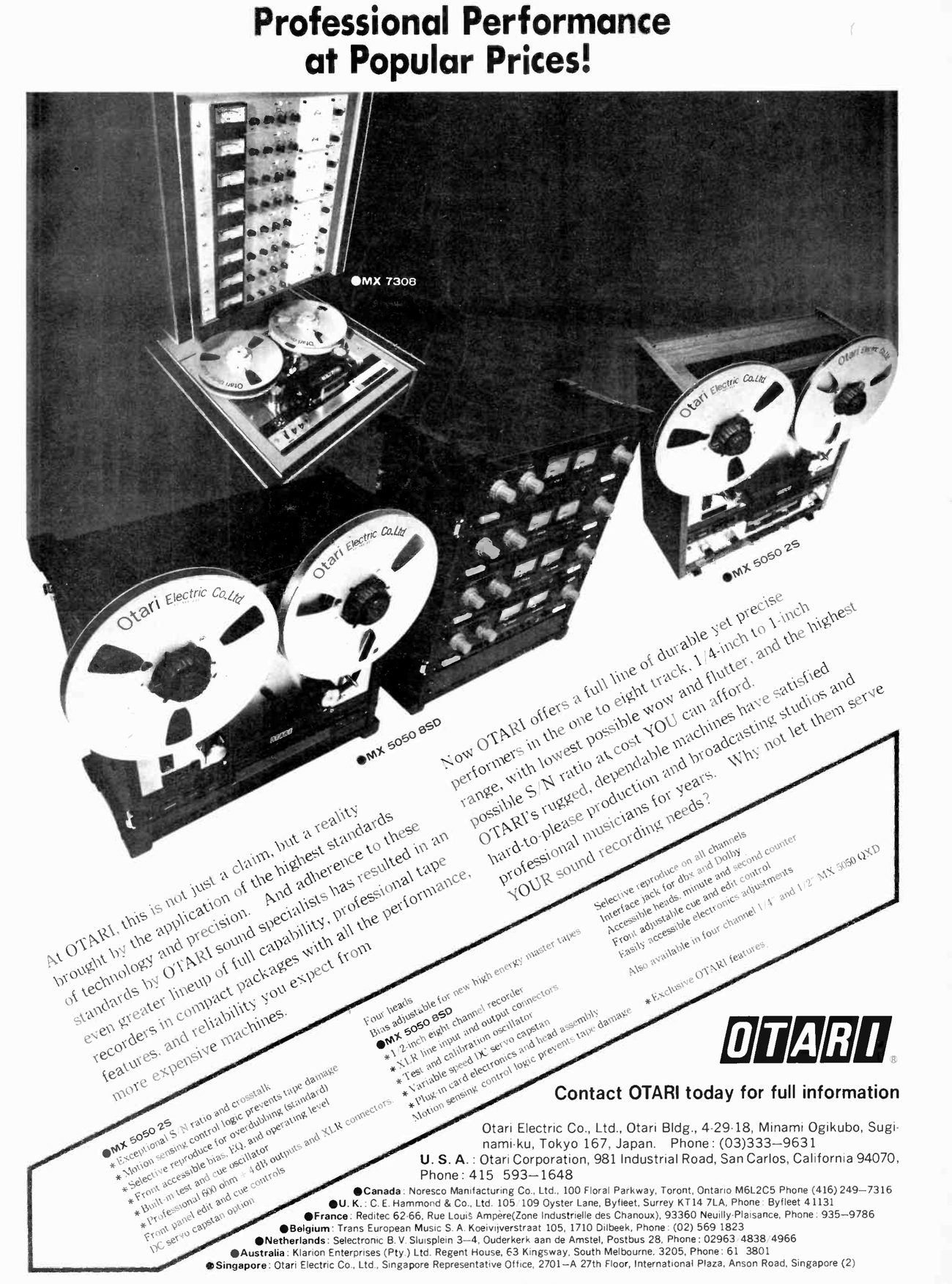 The whole advertisement: the headline at top; below it a photograph of three recorders on a dark ground, tagged MX 7308 (a machine set into a console under a tall meter bay), MX 5050 2S (a machine in a wooden case) and MX 5050 8SD (a half-inch transport with Otari Electric Co. Ltd reels beside a separate electronics bay of four rows of paired meters and knobs); the body copy and the feature box set at an angle below, the OTARI logo at lower right and the agents' addresses along the foot.