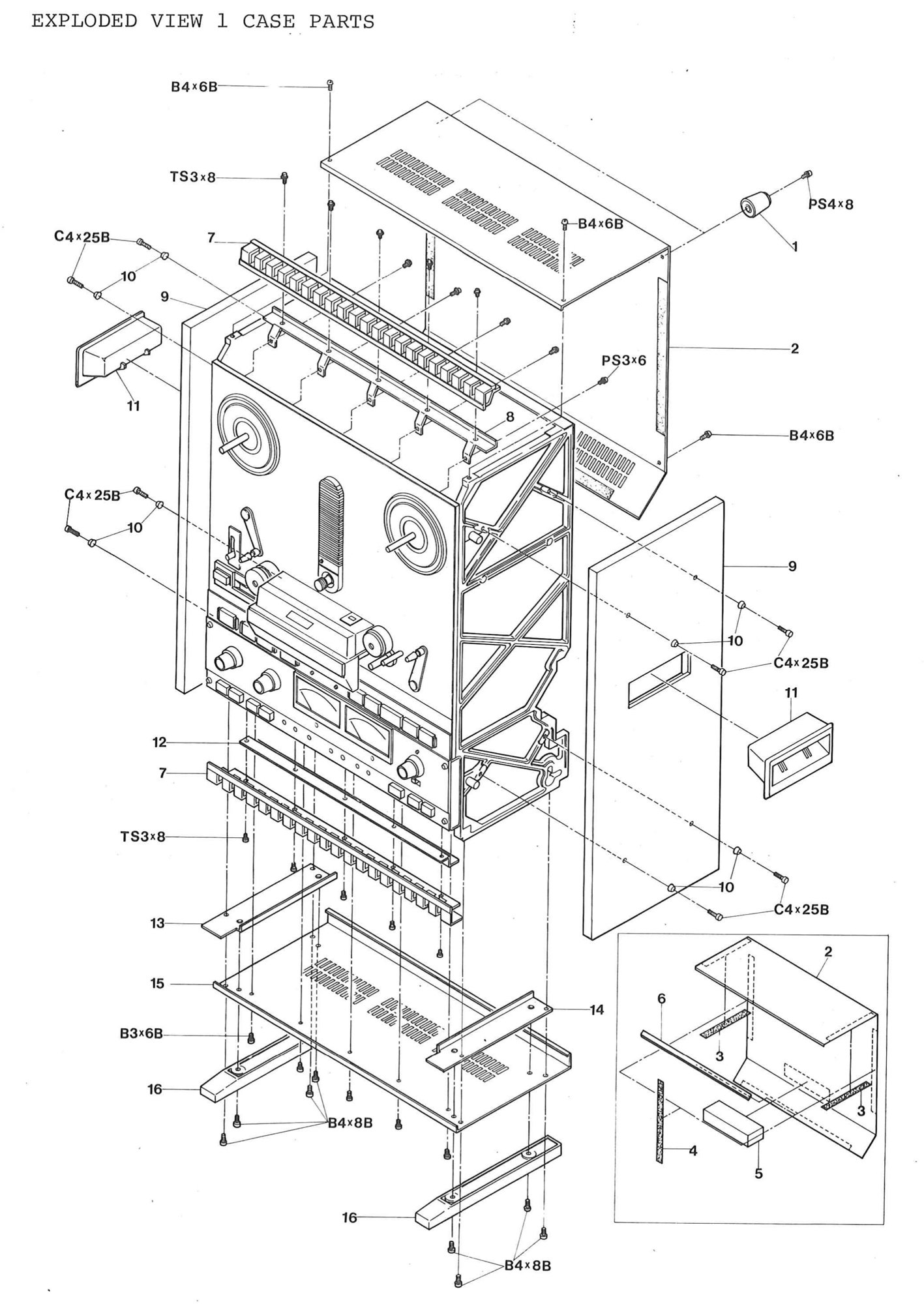 EXPLODED VIEW 1 CASE PARTS: the cabinet around the transport: the rear cover assembly with its felts and rubbers, drawn again in an inset, the ventilation escutcheons and brackets, the side boards with their trim washers and grips, and the bottom cover with its angles and feet