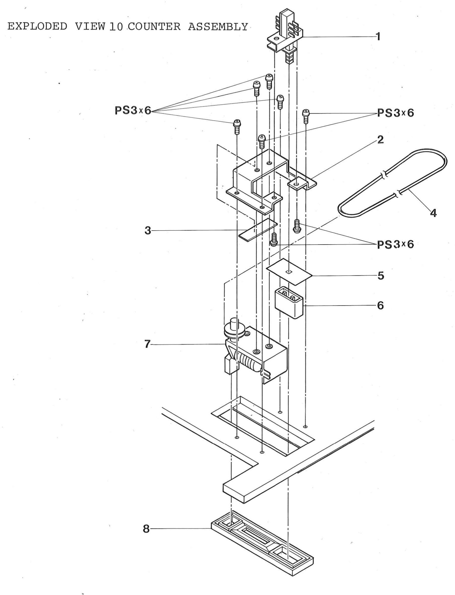 EXPLODED VIEW 10 COUNTER ASSEMBLY: the tape counter with its bracket, belt and spacer felt, the push switch with its button and felt, and the counter escutcheon