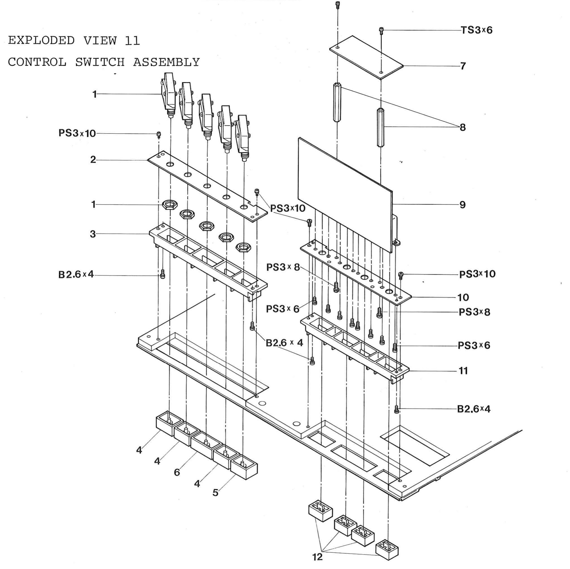 EXPLODED VIEW 11 CONTROL SWITCH ASSEMBLY: the transport pushbuttons and microswitches on their switch base plates, the auxiliary and power switch boards, protectors and studs