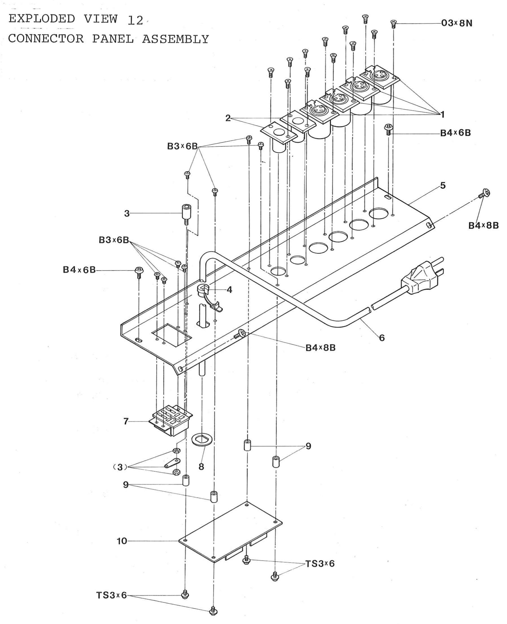 EXPLODED VIEW 12 CONNECTOR PANEL ASSEMBLY: the connector panel with its three-socket and three-pin connectors, earth terminal, power cord and bush, remote connector, and the output transformer board on its studs