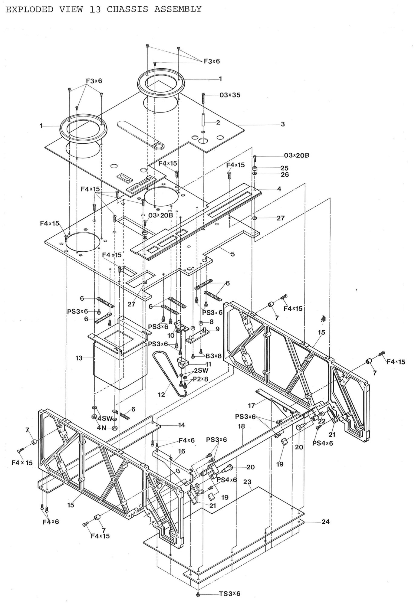 EXPLODED VIEW 13 CHASSIS ASSEMBLY: the transport trim and chassis panels, the reel protectors and tape guide shaft, the side frames and rear angle, the power transformer, the sensing switch, the LED board (B), and the control p.c. board with its angle, plates and protector