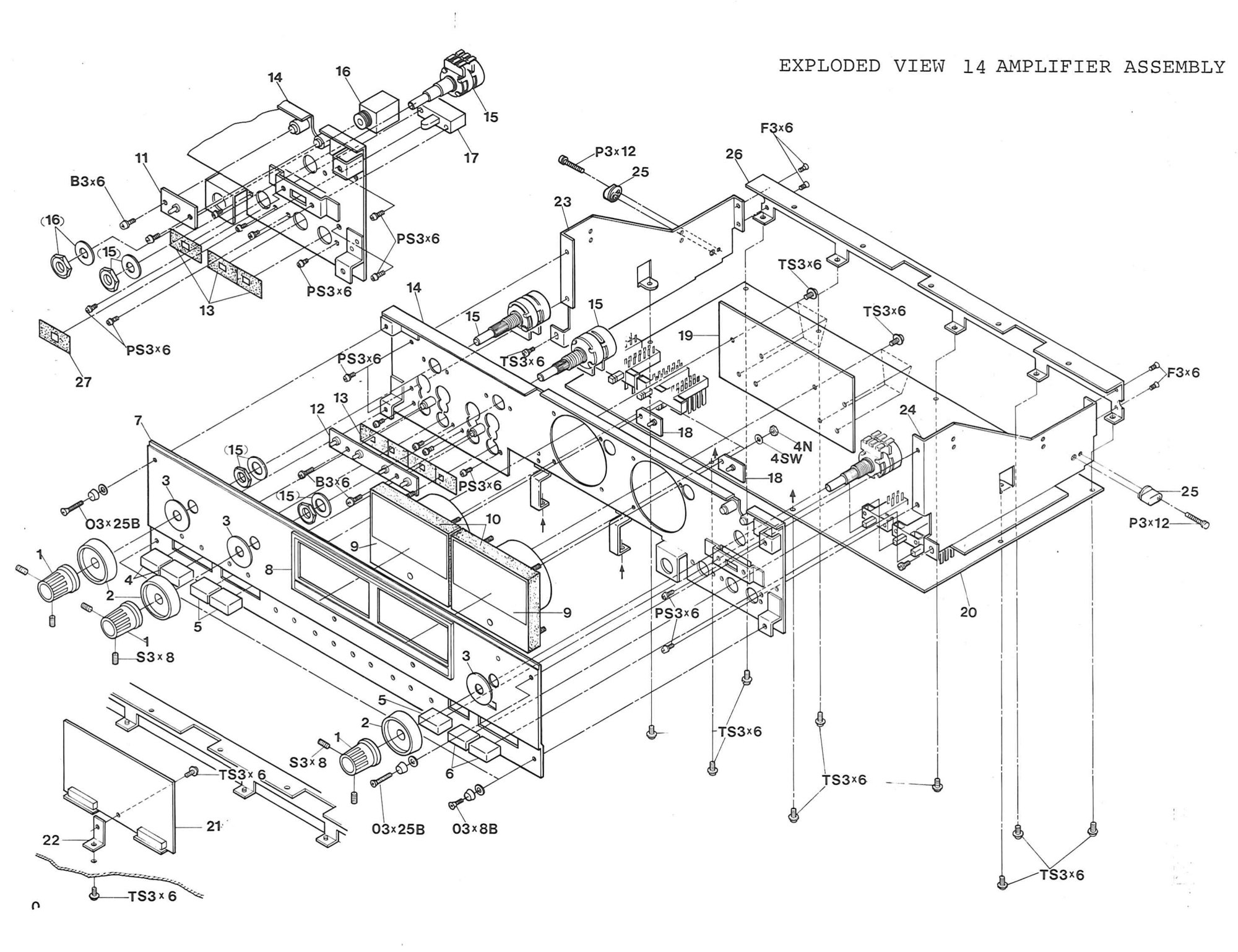 EXPLODED VIEW 14 AMPLIFIER ASSEMBLY: the amplifier's knobs, push buttons, trim panel and meter escutcheon, the VU meters and LED boards, the chassis panel and frames with the pivot, the headphone jack, slide switch and potentiometer, and the amplifier, VU amp and record EQ boards, turned here to read across the page