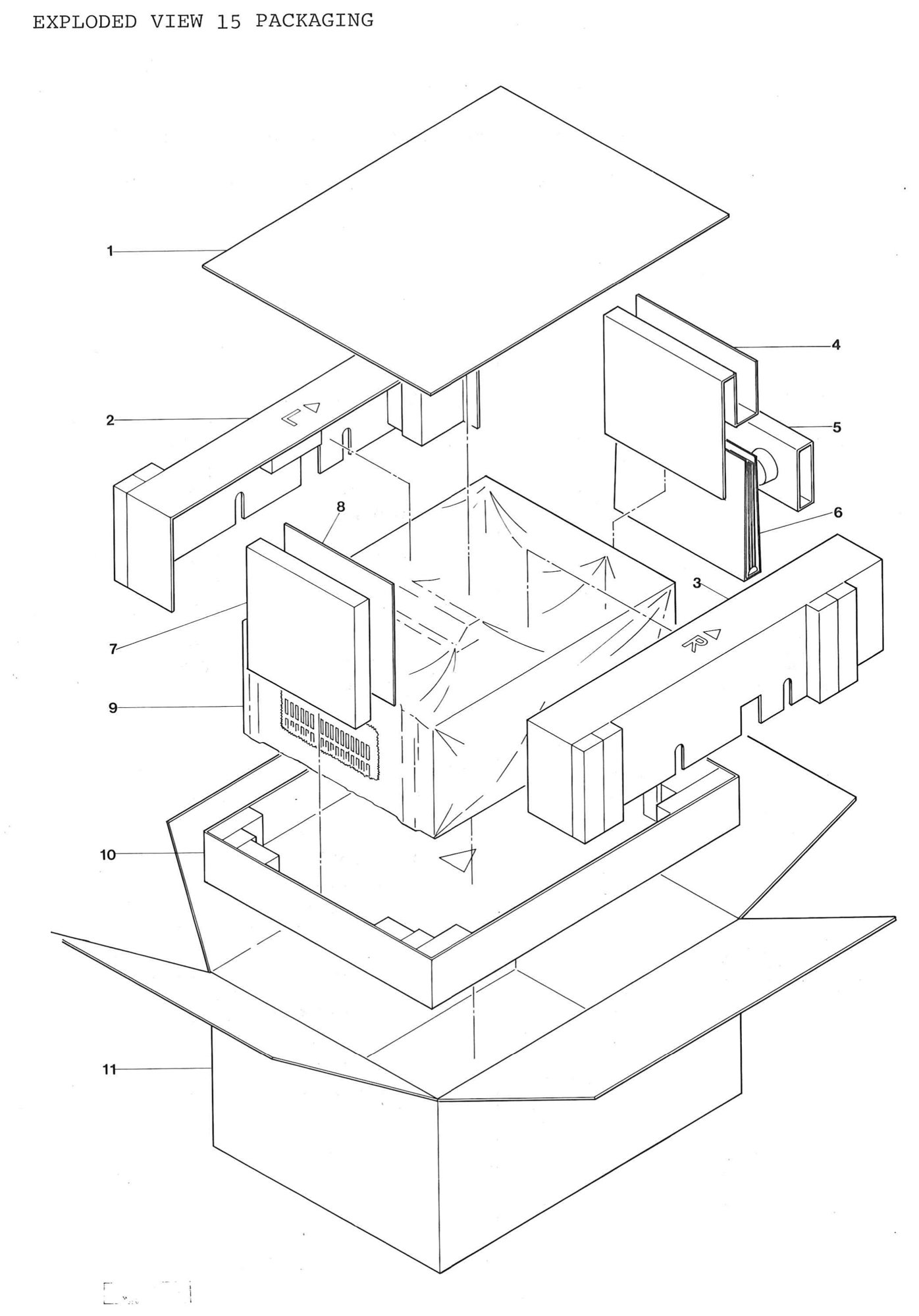 EXPLODED VIEW 15 PACKAGING: the recorder in its cover between the side and bottom packings, with the top plate, the manual hold plate, the operation manual, hold down knob and reel accessories, inside the packing case