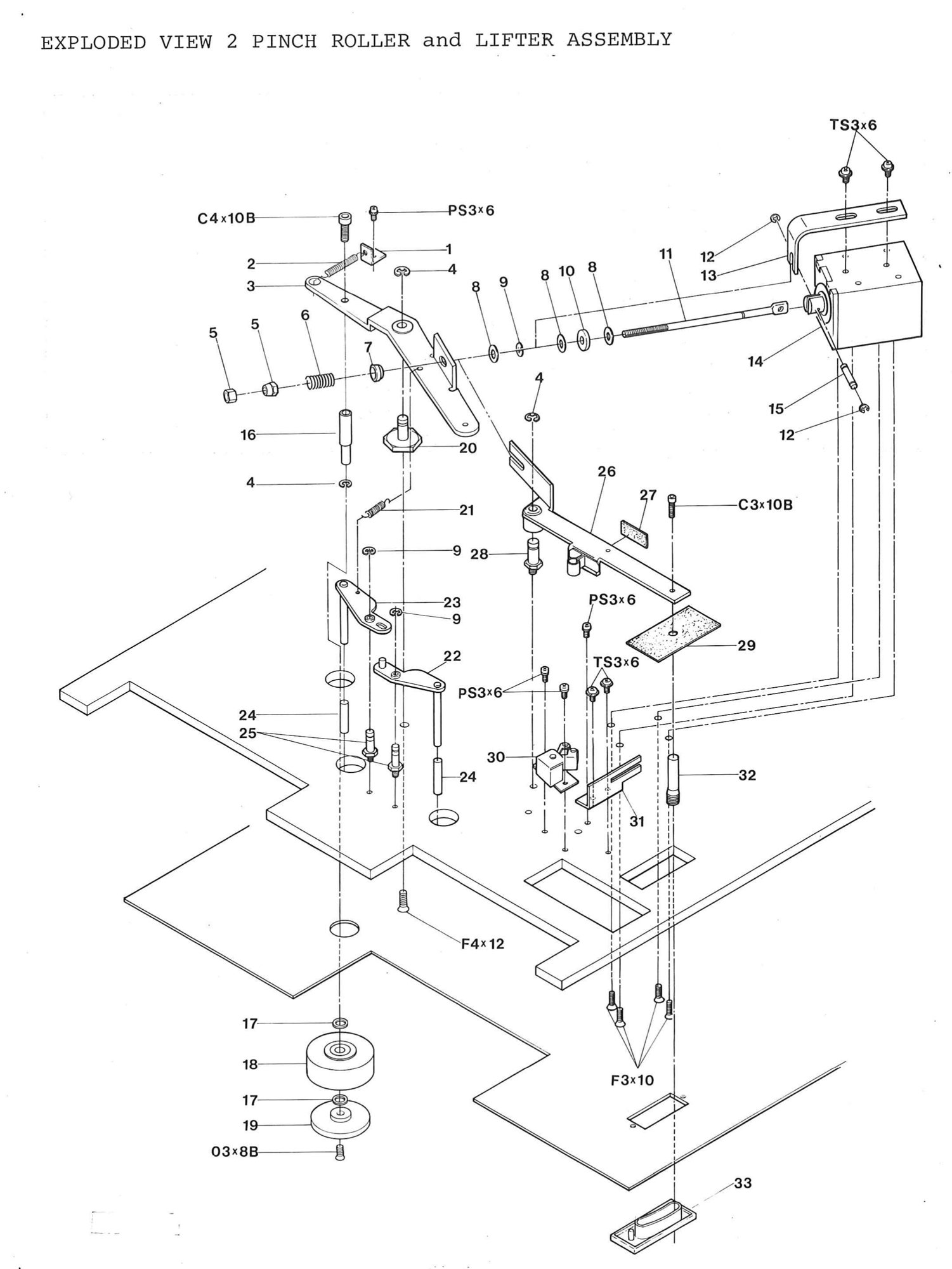 EXPLODED VIEW 2 PINCH ROLLER and LIFTER ASSEMBLY: the pinch roller arm with its pressure rod, springs and solenoid, the pinch roller on its shaft with polyslider washers and cap, the tape lifter arms, and the cue arm with its felts, knob, guide plate and escutcheon