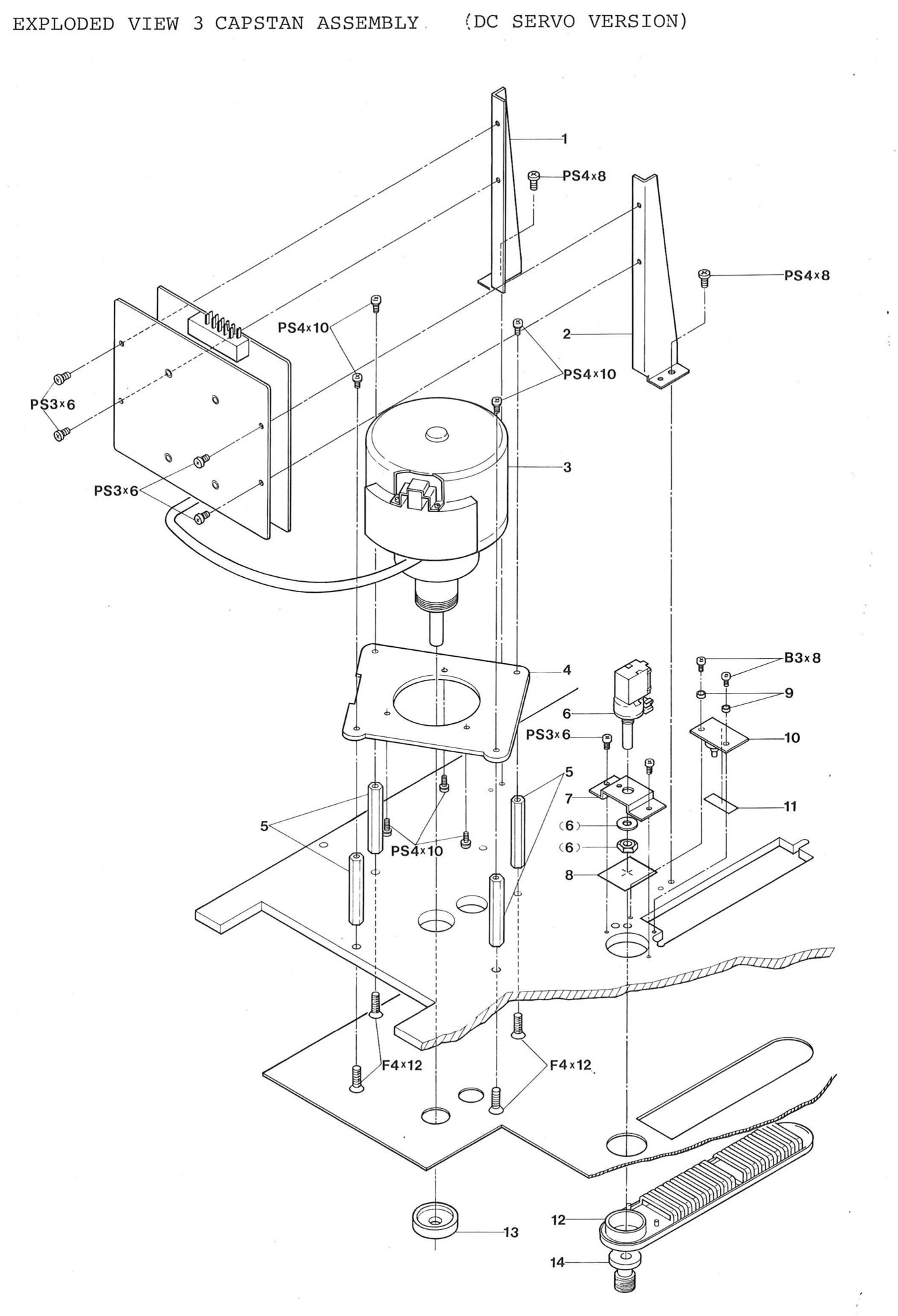 EXPLODED VIEW 3 CAPSTAN ASSEMBLY (DC SERVO VERSION): the dc servo capstan motor on its plate and studs, the capstan p.c. board brackets, the pitch control potentiometer with its bracket, escutcheon and knob, the LED board (A), and the capstan motor cap