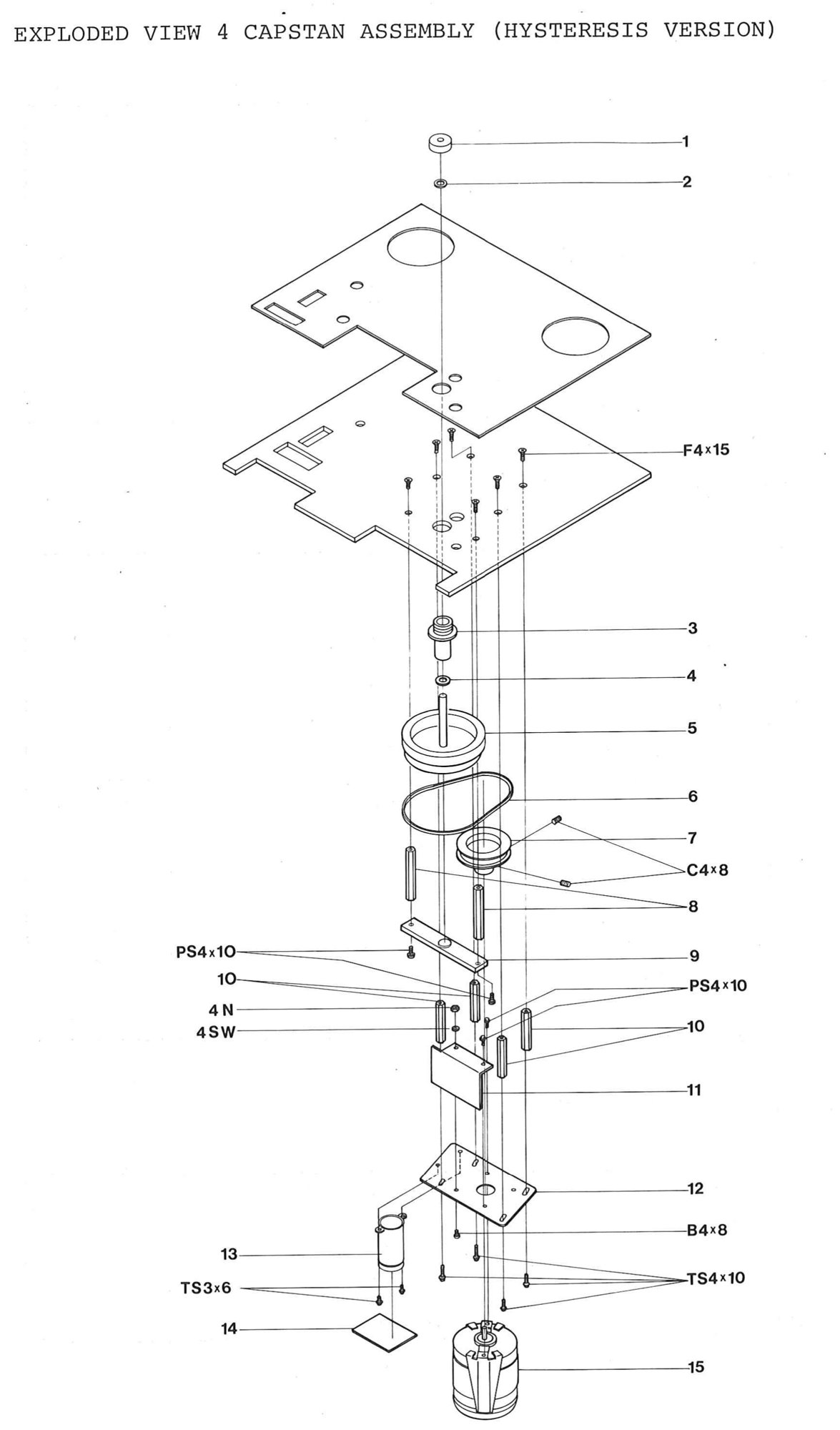 EXPLODED VIEW 4 CAPSTAN ASSEMBLY (HYSTERESIS VERSION): the capstan cap, felt and bearing holder, the flywheel and flat belt, the motor pulley, the flywheel, shield and motor plates on their studs, and the hysteresis synchronous motor with its capacitor and capacitor board