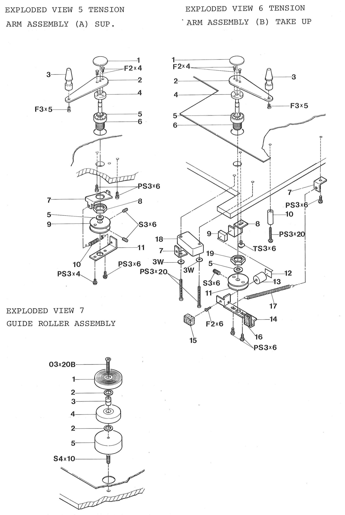 EXPLODED VIEW 5 TENSION ARM ASSEMBLY (A) SUP., EXPLODED VIEW 6 TENSION ARM ASSEMBLY (B) TAKE UP and EXPLODED VIEW 7 GUIDE ROLLER ASSEMBLY: the supply and take-up tension arms with their guides, shafts, holders, springs and spring-retaining drums, the take-up arm's magnet, switch actuator and microswitch, and the guide roller stack, printed together on one page