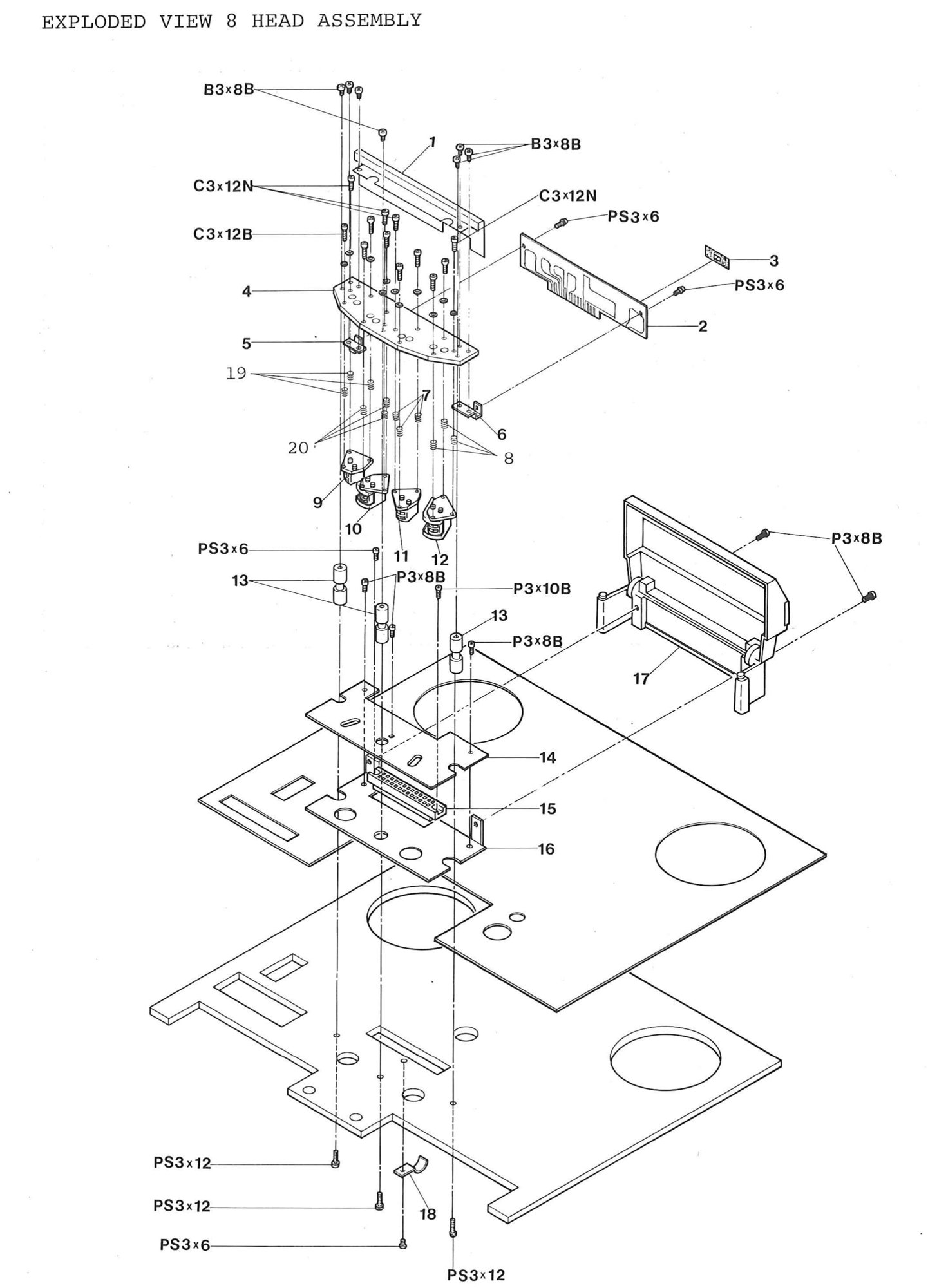 EXPLODED VIEW 8 HEAD ASSEMBLY: the head mount base with its four head stacks and springs, the head guide, the head p.c. board with its protector, brackets and connector, the shield plate, and the head housing on its base plate
