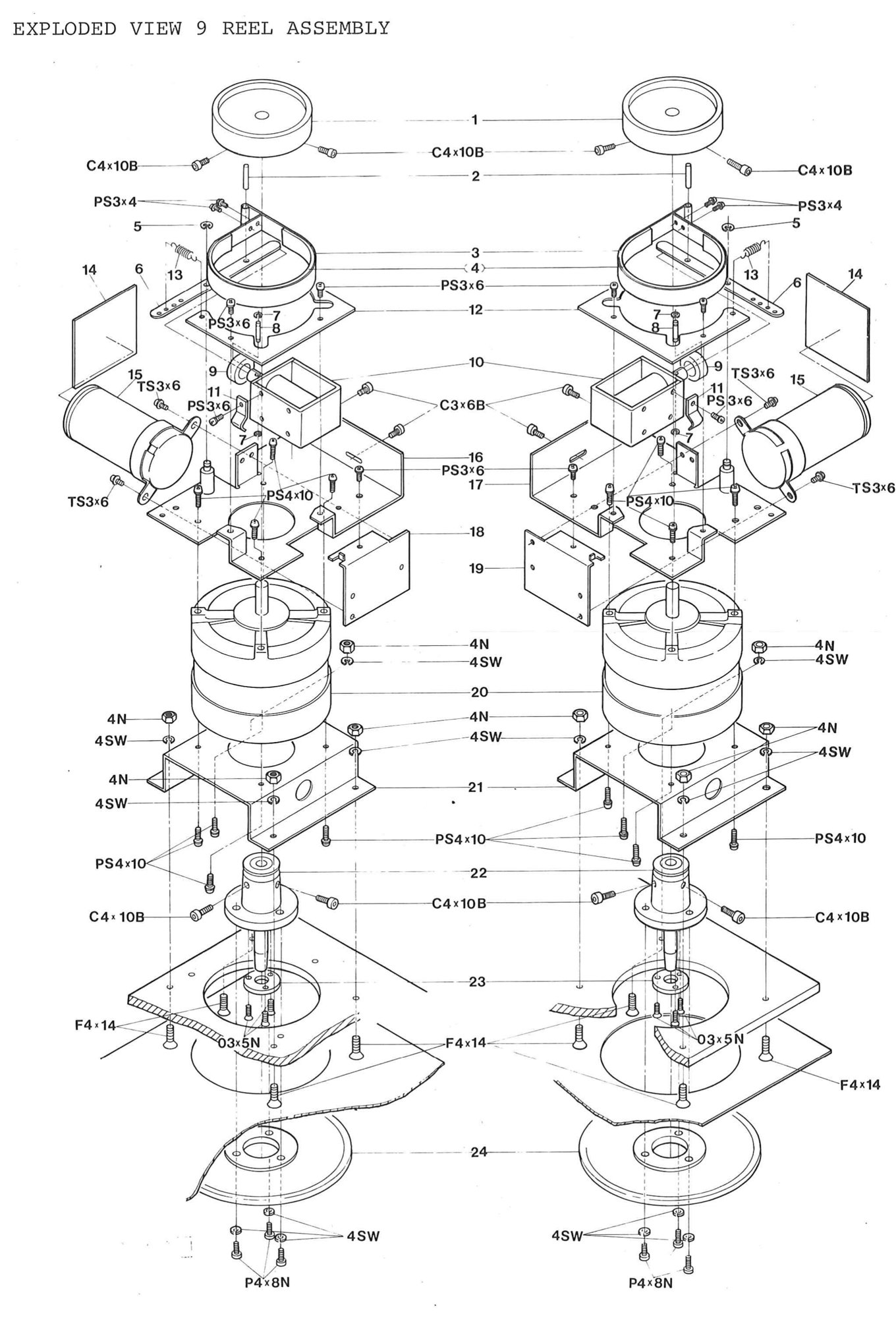 EXPLODED VIEW 9 REEL ASSEMBLY: the supply and take-up reel assemblies side by side: reel tables and reel drums, the brake drums, bands, arms and solenoids, and the reel motors with their brackets, plates and capacitors