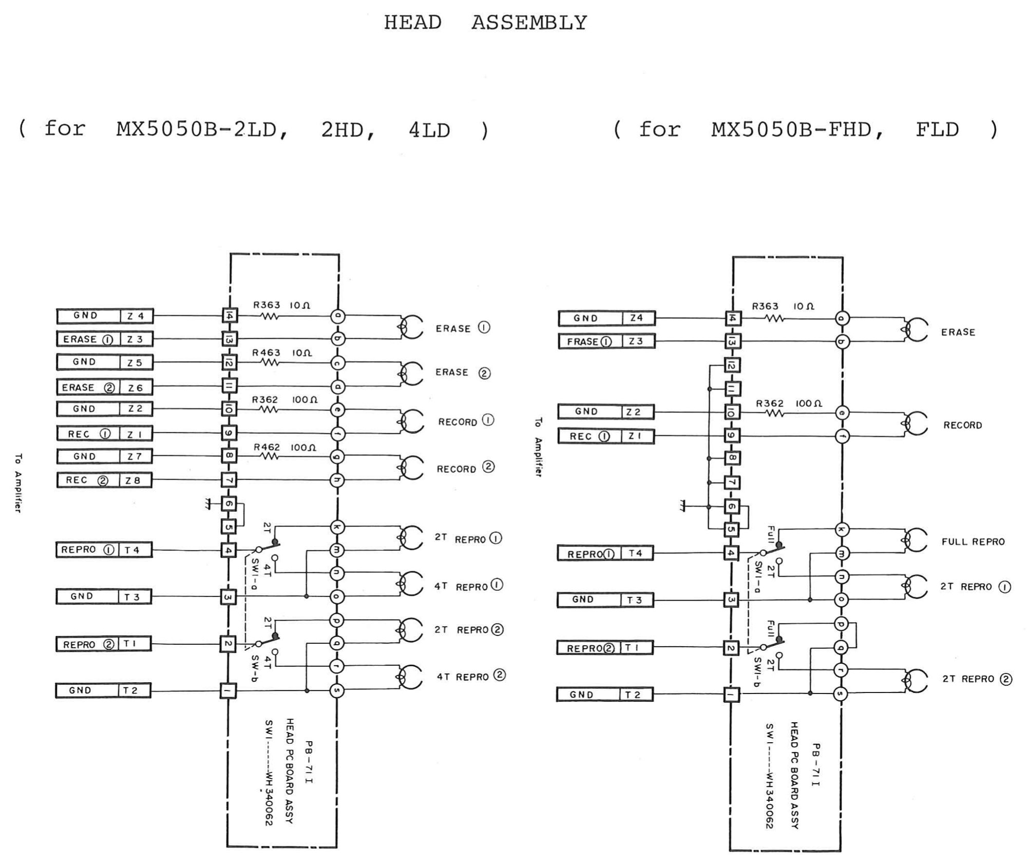 HEAD ASSEMBLY: the head p.c. board wiring, for the MX5050B-2LD, 2HD and 4LD at left and for the MX5050B-FHD and FLD at right, from the connector pins through the head selector switches to the erase, record and reproduce heads