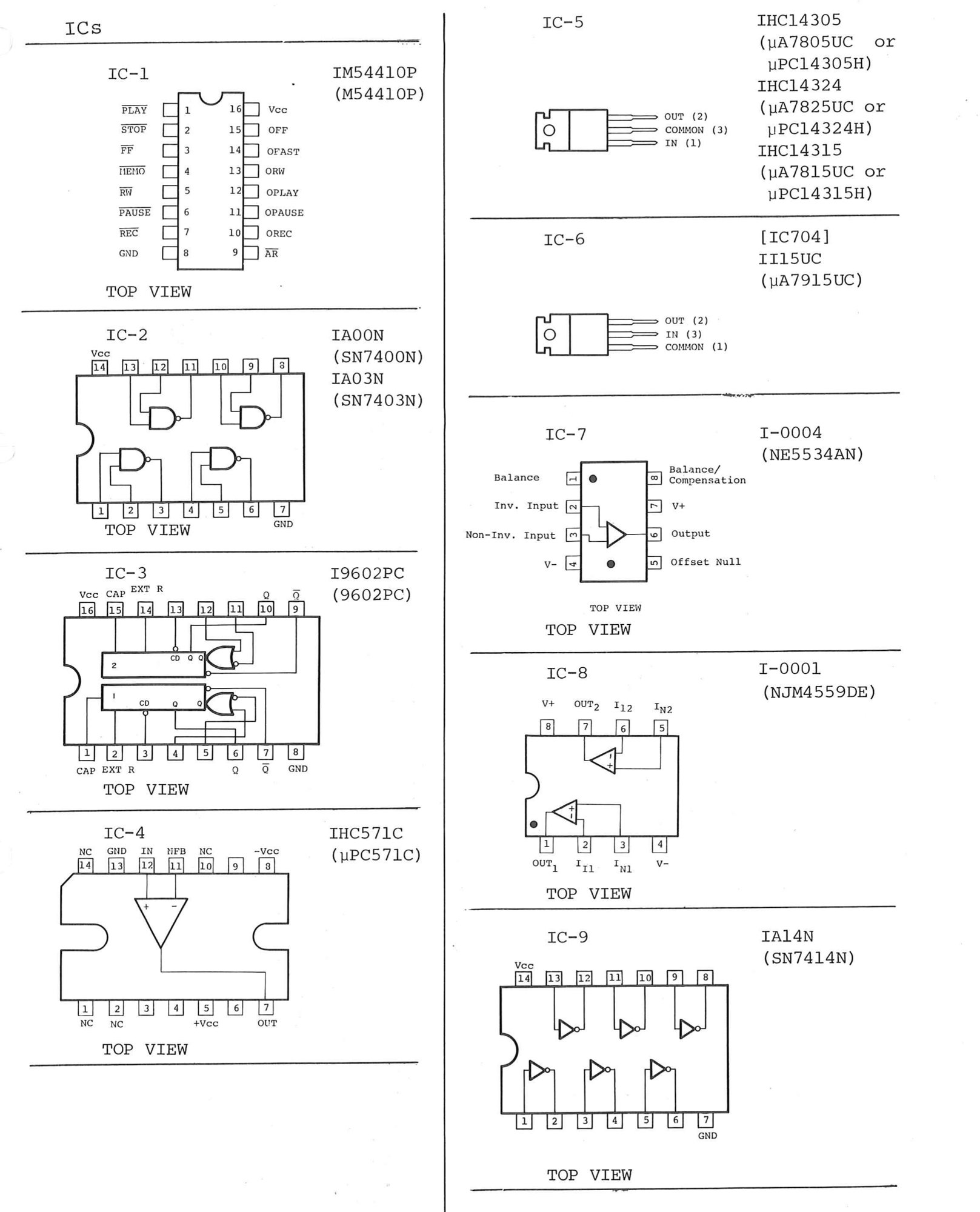 ICs: the pin-outs of IC-1 to IC-9: the transport control logic, gates, one-shots, inverters and op-amps from the top, and the regulators as package outlines with their pins named