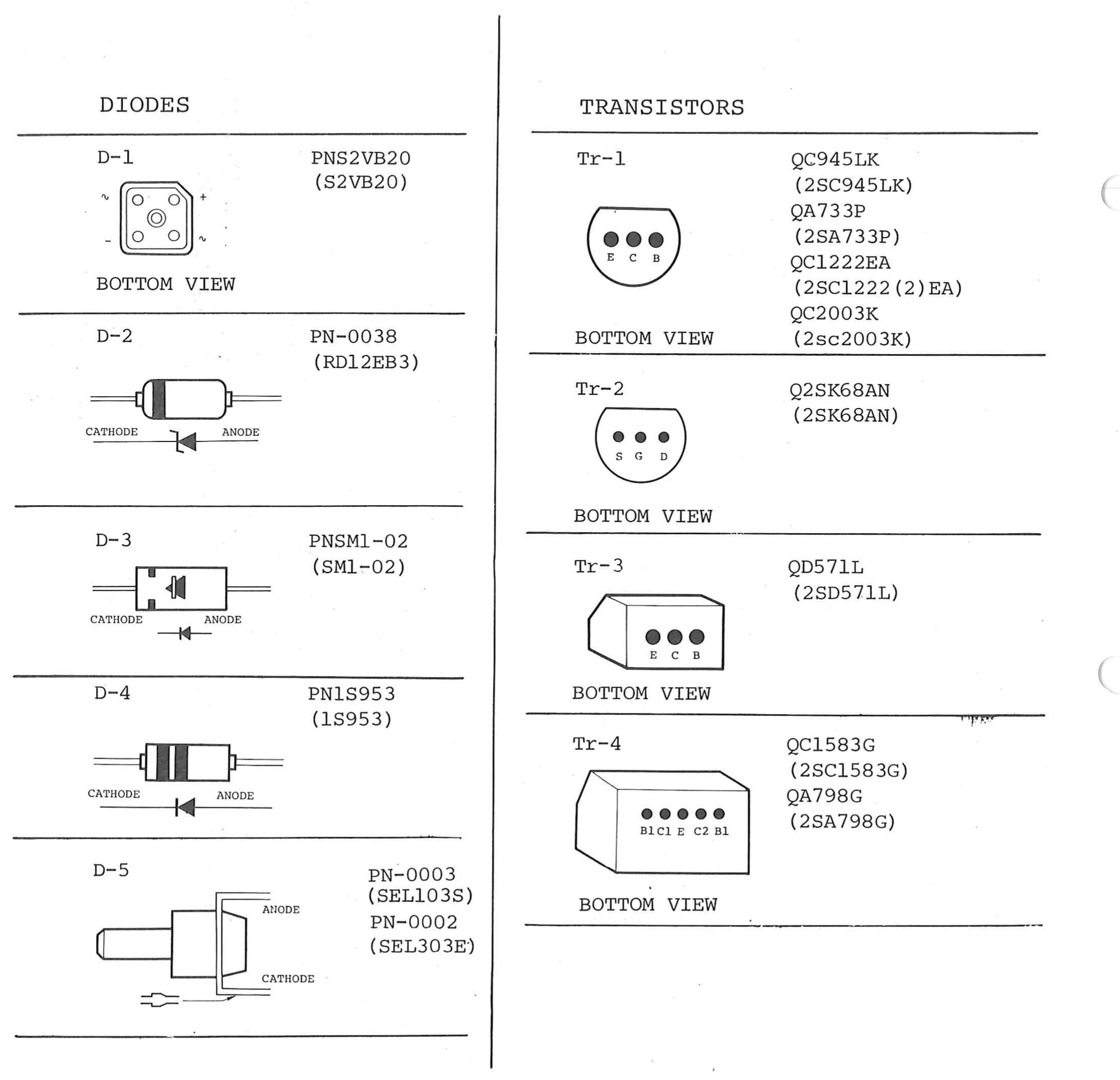 PIN IDENTIFICATION: the outline and pin order of each diode and transistor type: D-1 and Tr-1 to Tr-4 from below, D-2 to D-5 from the side with cathode and anode marked