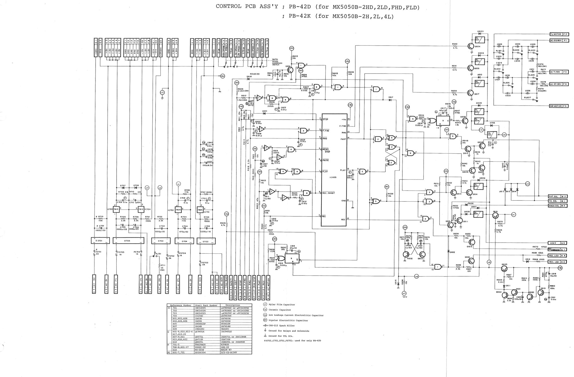 CONTROL PCB ASS'Y ; PB-42D (for MX5050B-2HD,2LD,FHD,FLD) ; PB-42K (for MX5050B-2H,2L,4L): the transport control board schematic: the logic IC, relays, solenoid drivers and power supply regulators, with its parts table