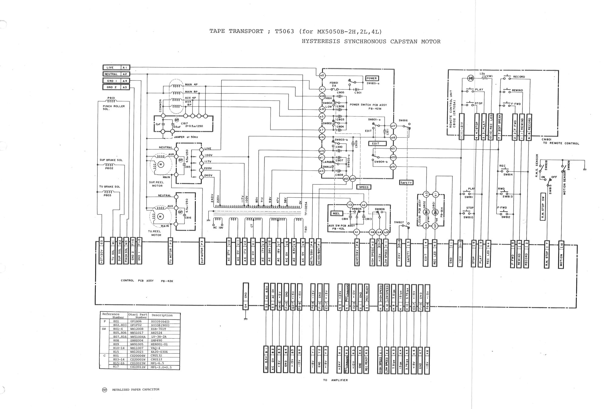 TAPE TRANSPORT ; T5063 (for MX5050B-2H,2L,4L) HYSTERESIS SYNCHRONOUS CAPSTAN MOTOR: the transport wiring schematic for the hysteresis synchronous models
