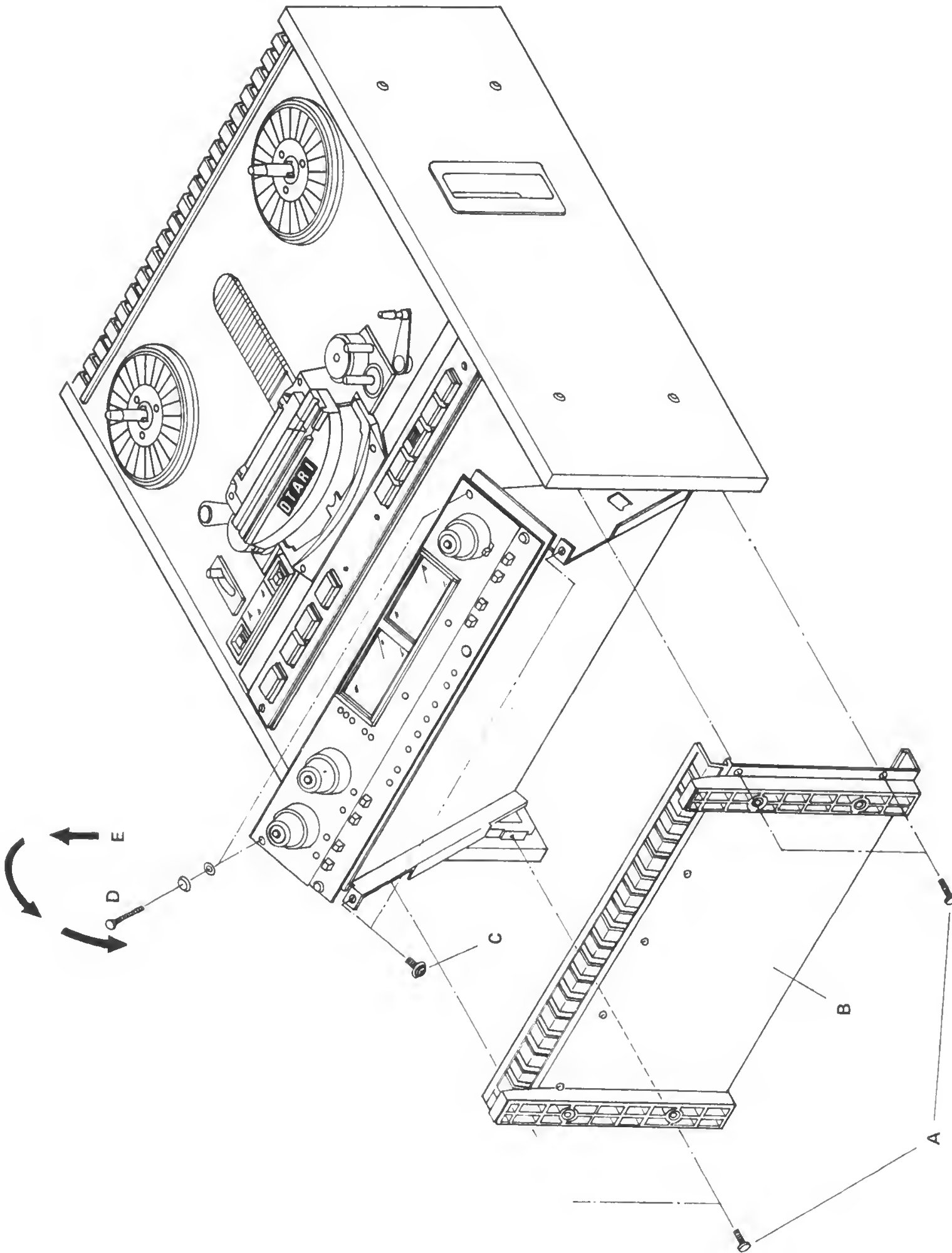 Isometric exploded view of the transport tilted up with the bottom panel and rear rail assembly detached, with screws A, C, D and panels B and E called out.