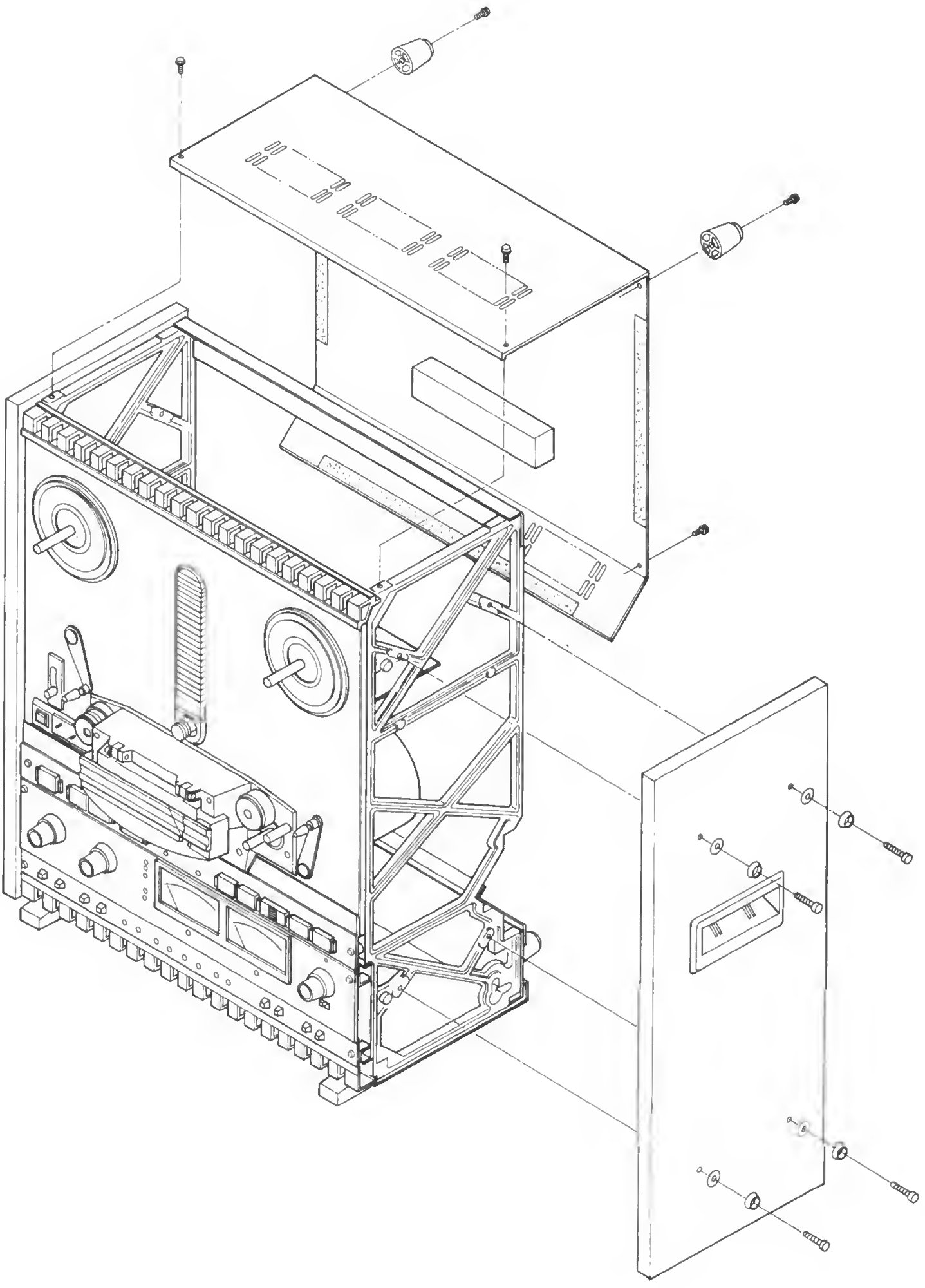 Exploded view of the top cover, rear cage frame and side board lifting off the transport, with their mounting screws.