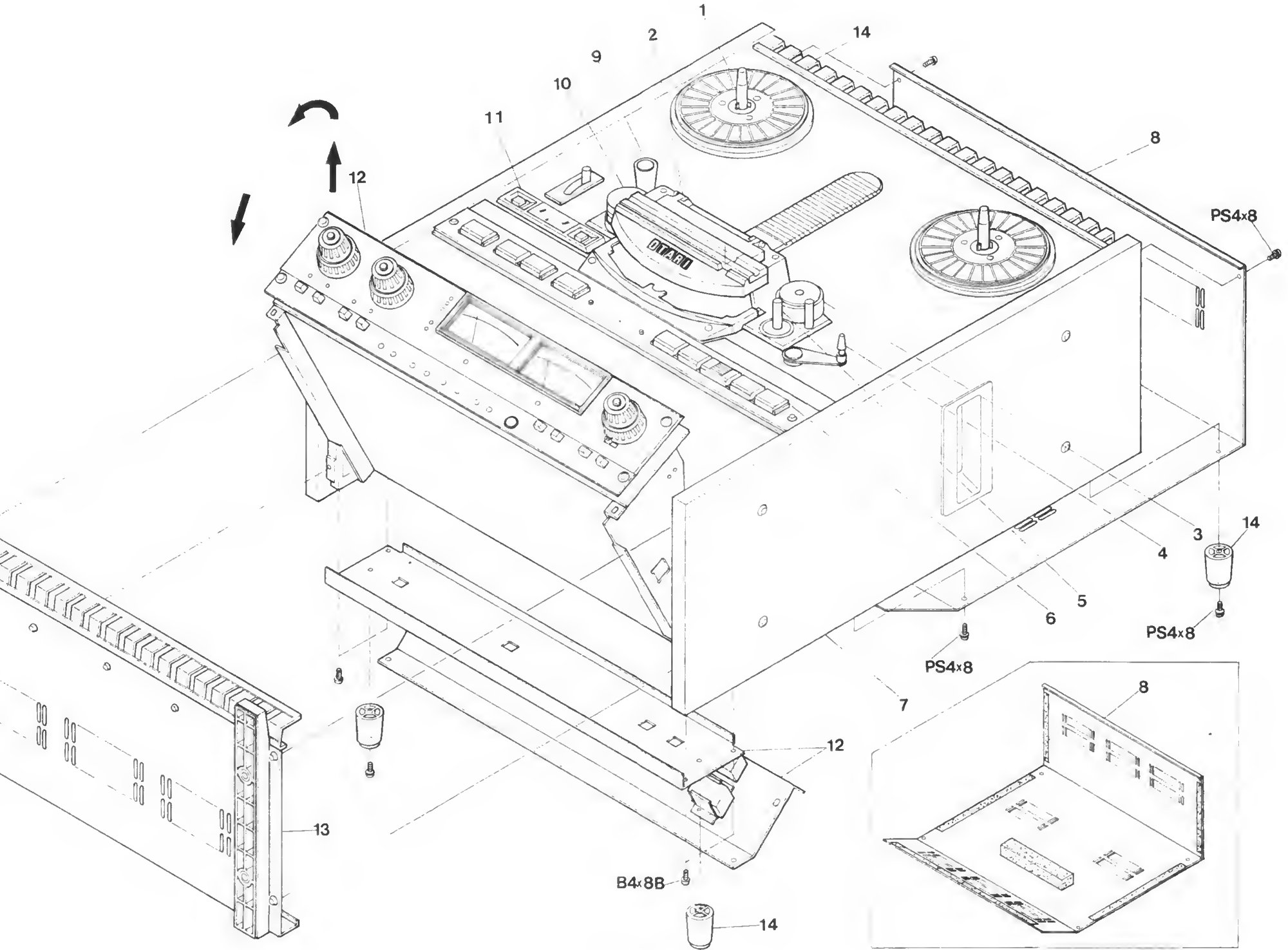 Exploded view of the whole tape transport: reel assemblies, tension arm, capstan, pinch roller, control panel, side and rear covers, and foot.