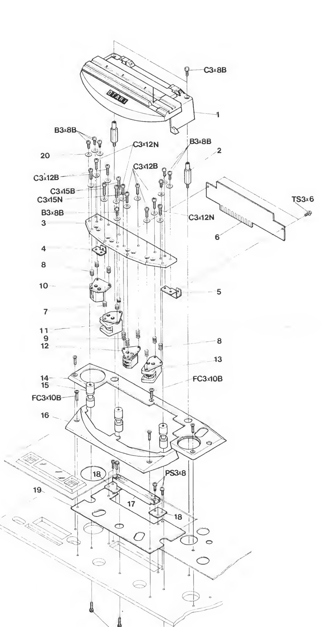 Exploded view of the head housing assembly, showing the mounting bracket, P.C.B. brackets and head sub-assemblies.