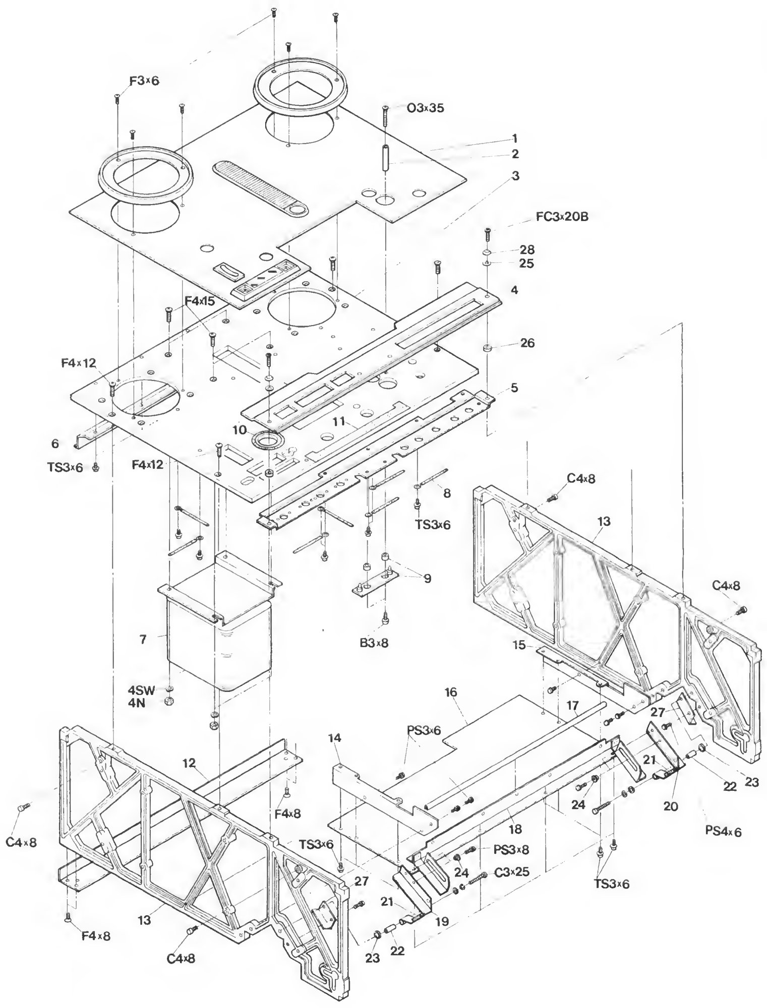 Exploded view of the deck top plate, control panel, LED board and side frames.