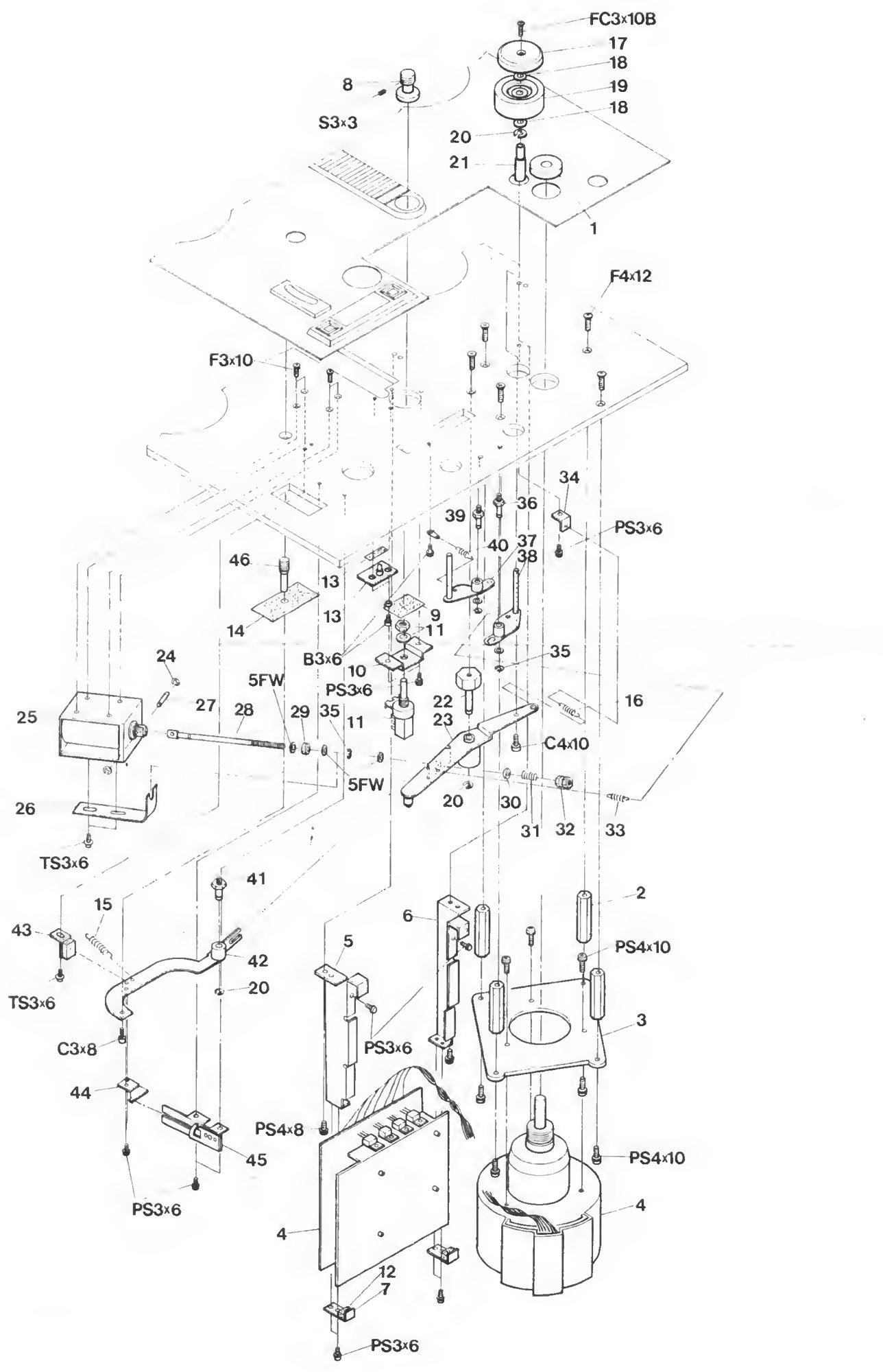 Combined exploded view of the capstan motor and P.C.B. bracket, the pinch-roller and solenoid mechanism, and the shifter-arm and cue-lever linkage.