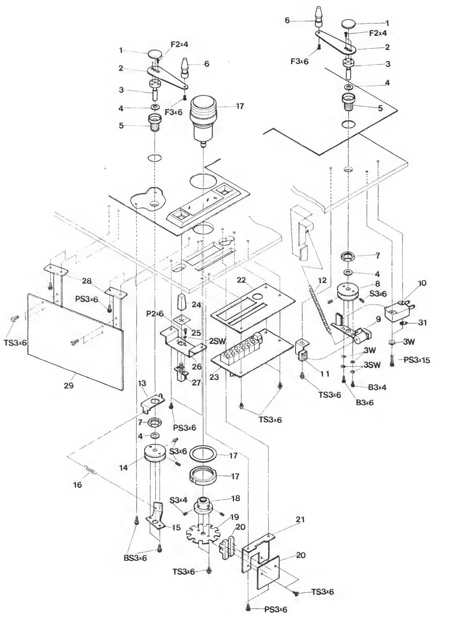 Combined exploded view of the tension-arm assembly, the impedance-roller assembly and the tape-timer assembly.