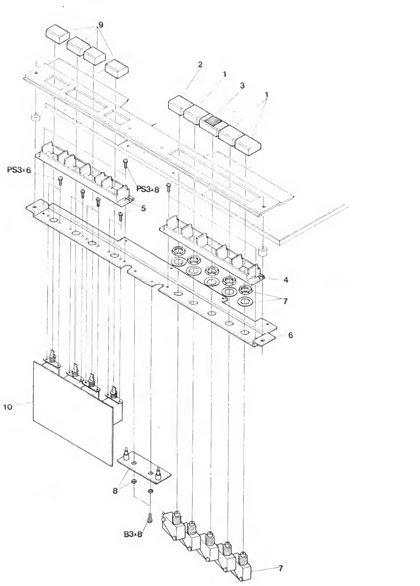 Exploded view of the control switch assembly, showing the button caps, switch block and connector strip.
