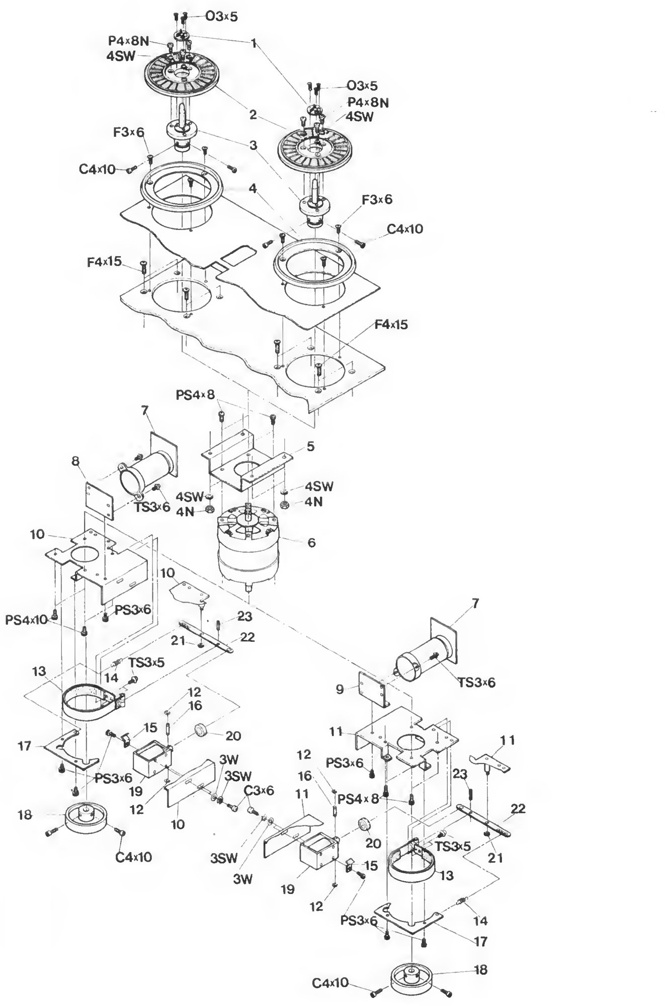 Exploded view of two mirrored reel, brake and motor sub-assemblies shown side by side.
