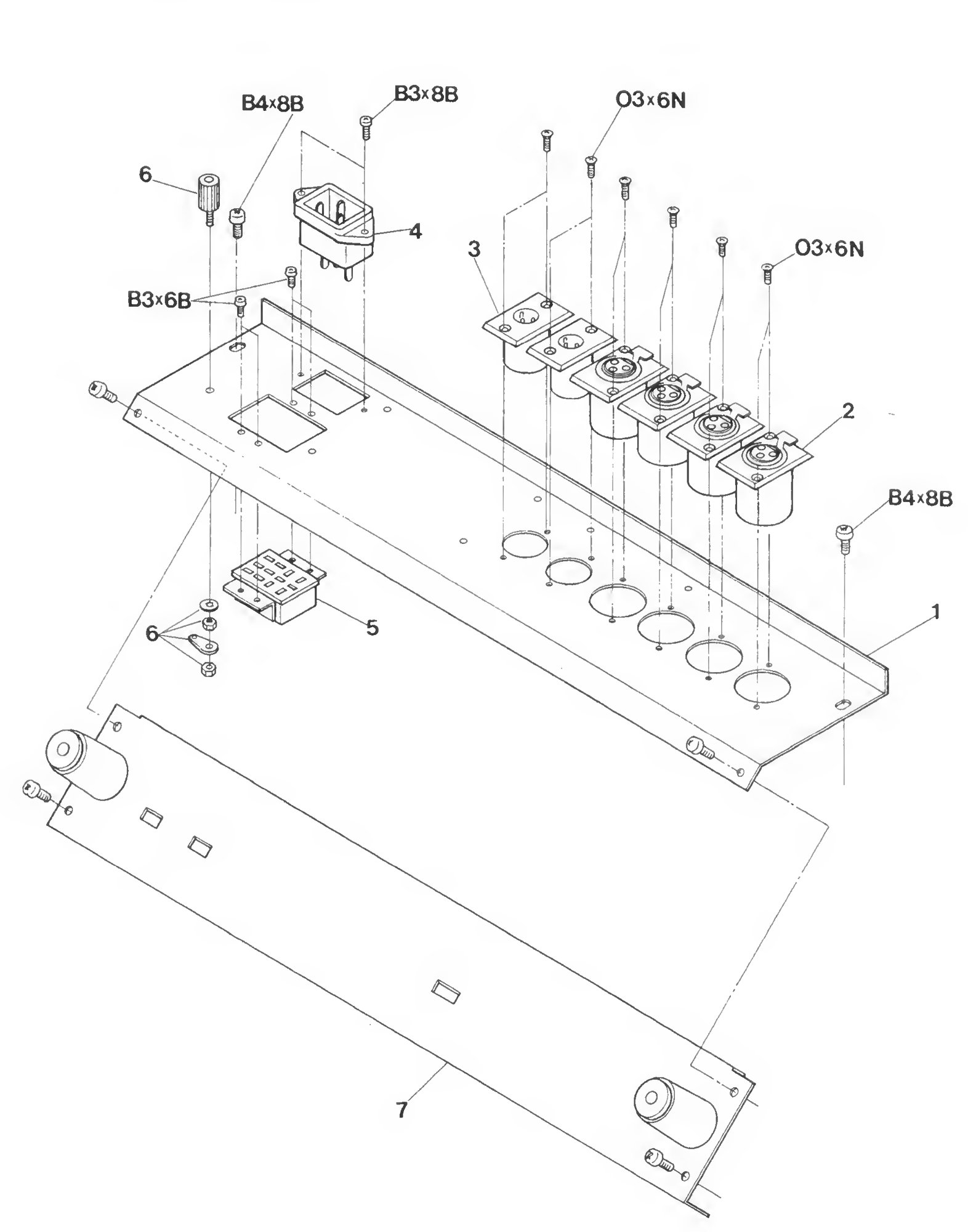 Exploded view of the rear connector panel, showing the AC inlet, XLR connectors and terminal strip.