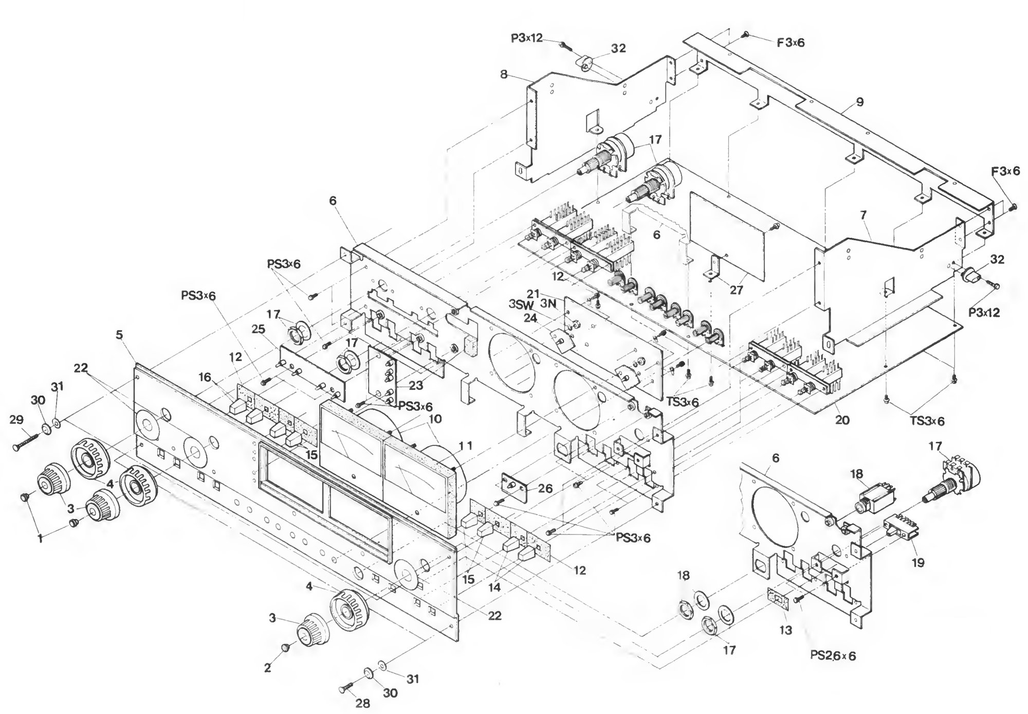 Exploded view of the record/reproduce amplifier assembly: front panel knobs, VU meter, LED boards and rear P.C.B. mounts.