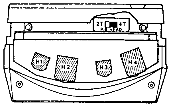 Line drawing of the head-assembly block, with the H1-H4 head stacks and the 2T/4T P.B. HEAD playback-head selector switch each labeled directly on the drawing.