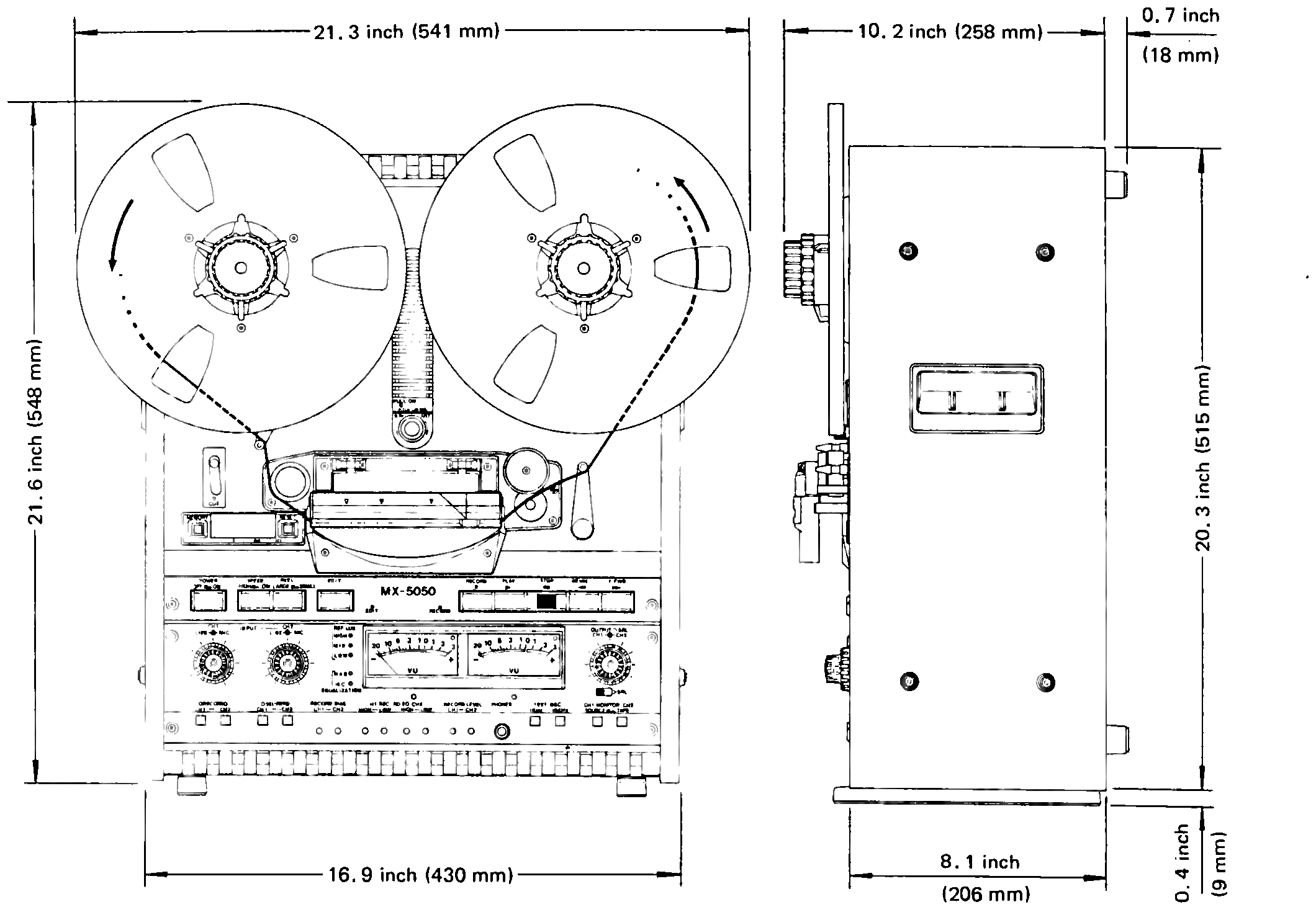 Two line-art views of the MX-5050BII cabinet — front, with its reels, and side — with dimension call-outs in inches and millimeters.